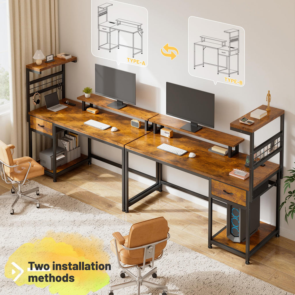 EnHomee 40" Gaming Desk with Power Outlets & LED Lights, Computer Desk with Drawer & Storage Shelve, Home Office Desk with Monitor Stand for Living Room, Study Room, Gaming Room, Black