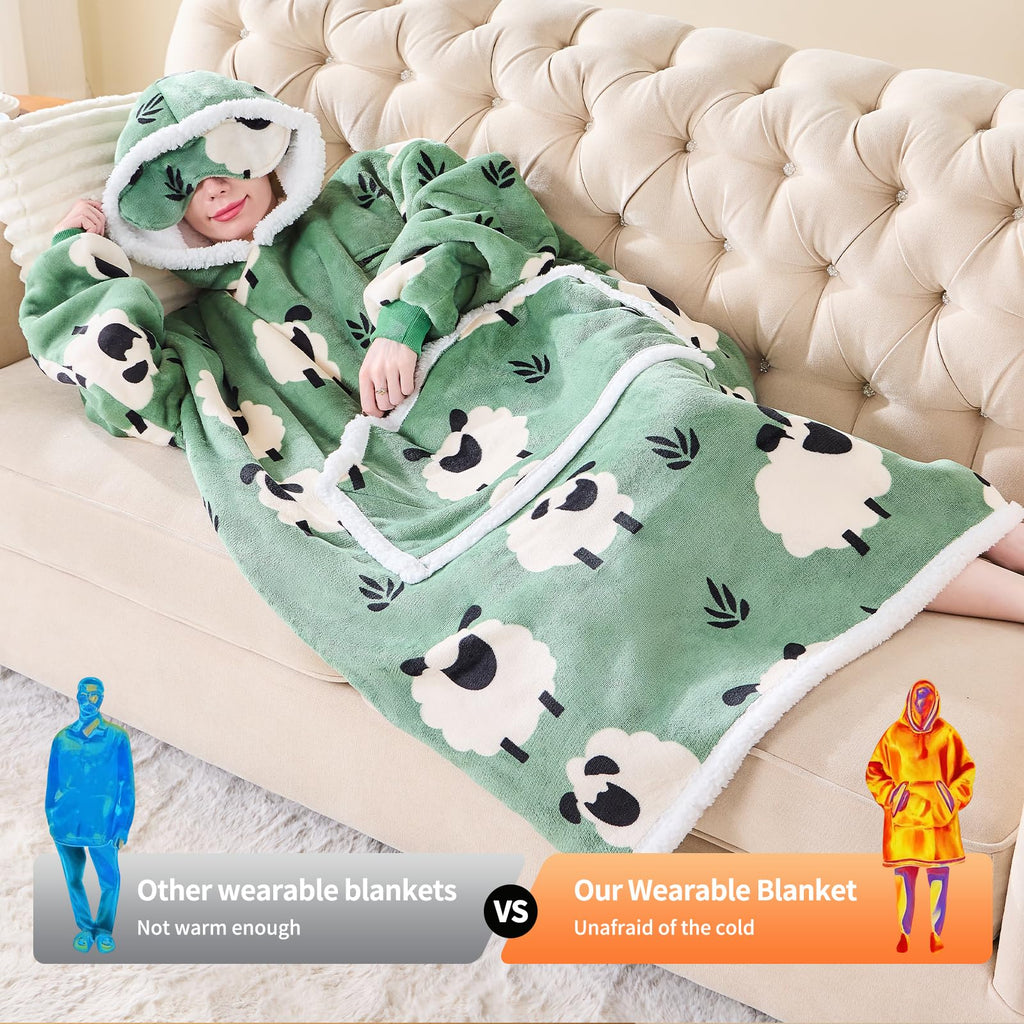 IFNOW Wearable Blanket Hoodie, Oversized Sherpa Fleece Hooded Sweatshirt with Eye Mask, Cozy and Giant Blanket Hoodie with Sleeves Extra Long for Adults Men Women, Black