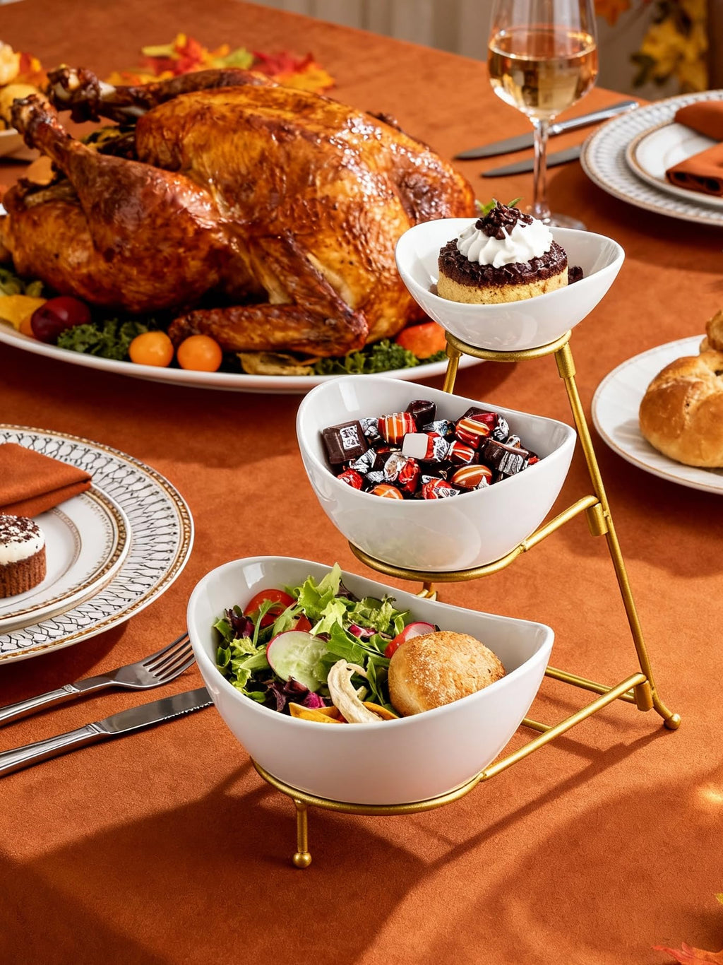 Miamolo 3 Tier Serving Bowls with Stand for Entertaining Party | Ceramic, Chip and Dip Set | Food Display for Fruit Salad Snacks | Space-saving Storage | Microwave & Dishwasher Safe