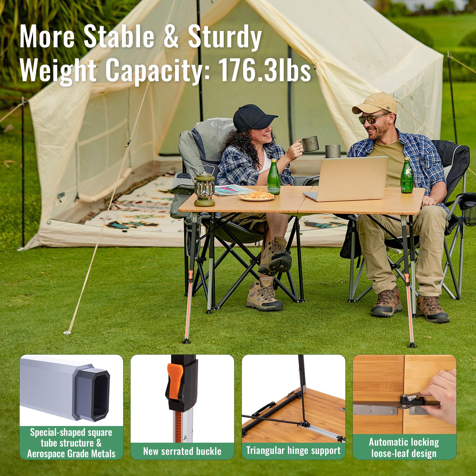 KingCamp Bamboo Folding Table, 4-Fold Camping Adjustable Height Portable Outdoor Lightweight & Compact Table with Aluminum Frame for RV Picnic BBQ Tailgating