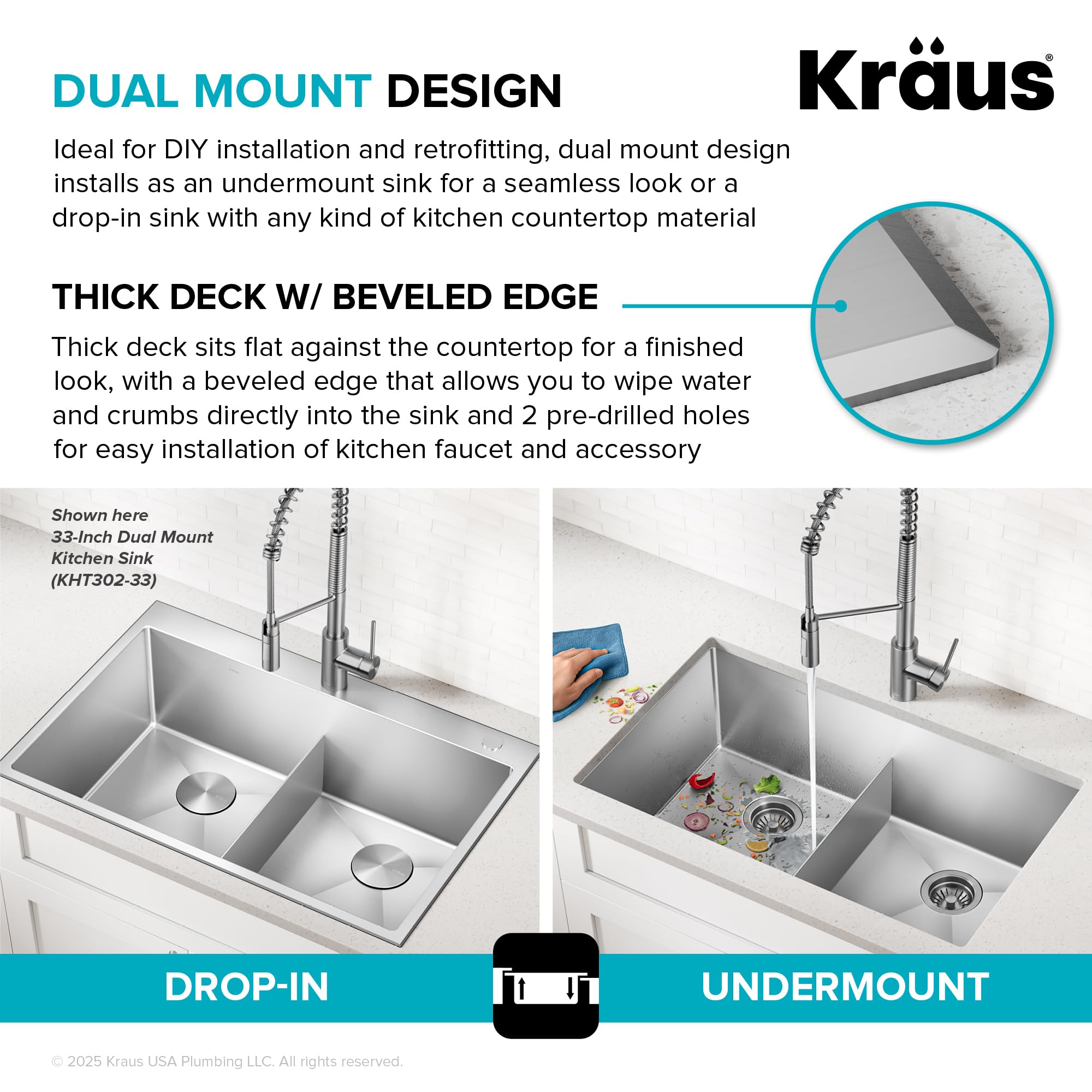 KRAUS Standart PRO™ 32-inch 16 Gauge Undermount 60/40 Double Bowl Stainless Steel Kitchen Combo with WasteGuard™ Continuous Feed Garbage Disposal, KHU103-32-100-75MB