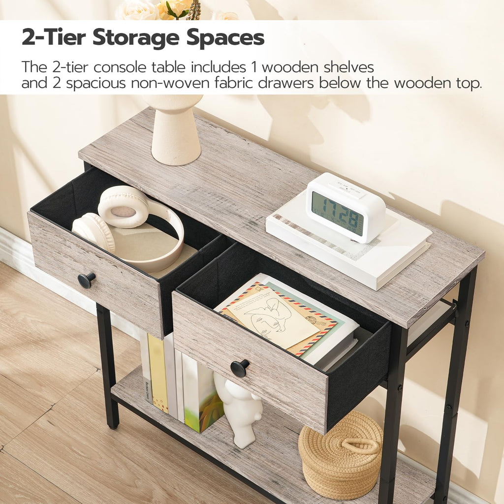 HOOBRO 29.5" Narrow Console Table with 2 Fabric Drawers, Small Entryway Table with 2-Tier Storage Shelves, Sofa Table, Behind Couch Table, for Living Room, Hallway, Black BB71XG01