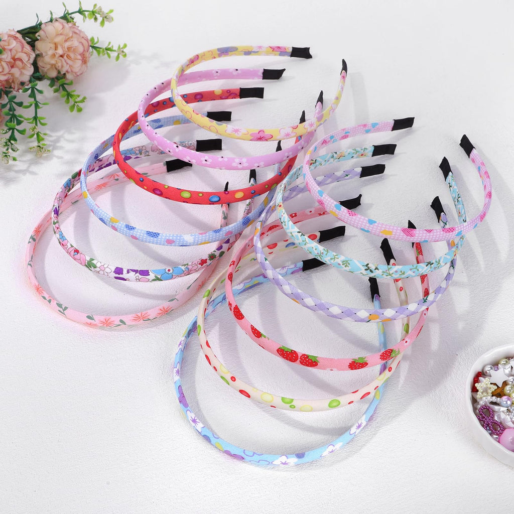 Fishdown Headbands for Girls 12Pcs Thin Head Bands for Girls Hairbands for Toddler Floral Cloth Fabric Covered Headband Birthday Party Favors