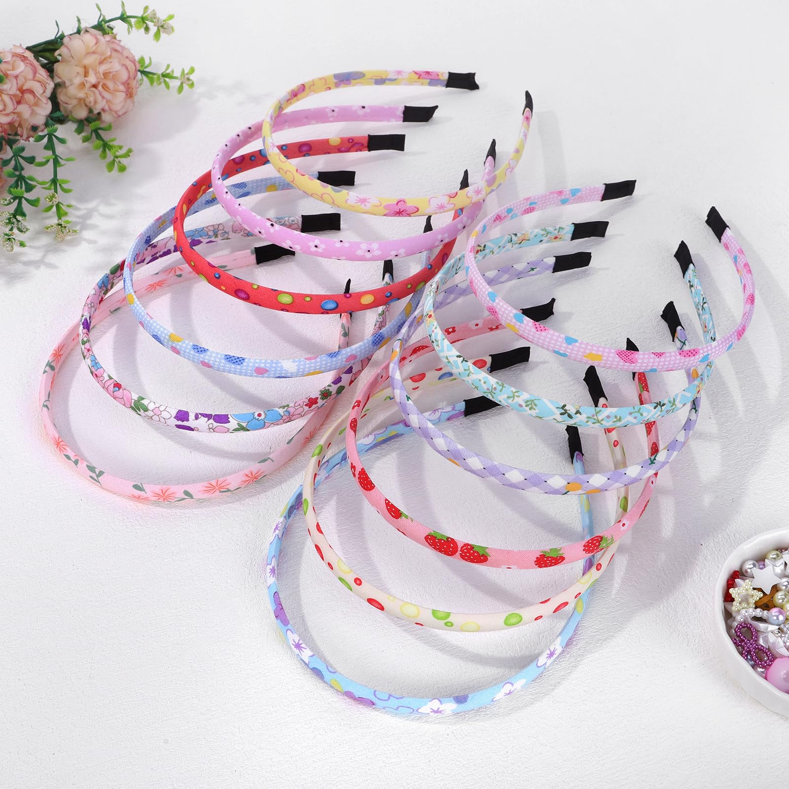 Fishdown Headbands for Girls 12Pcs Thin Head Bands for Girls Hairbands for Toddler Floral Cloth Fabric Covered Headband Birthday Party Favors