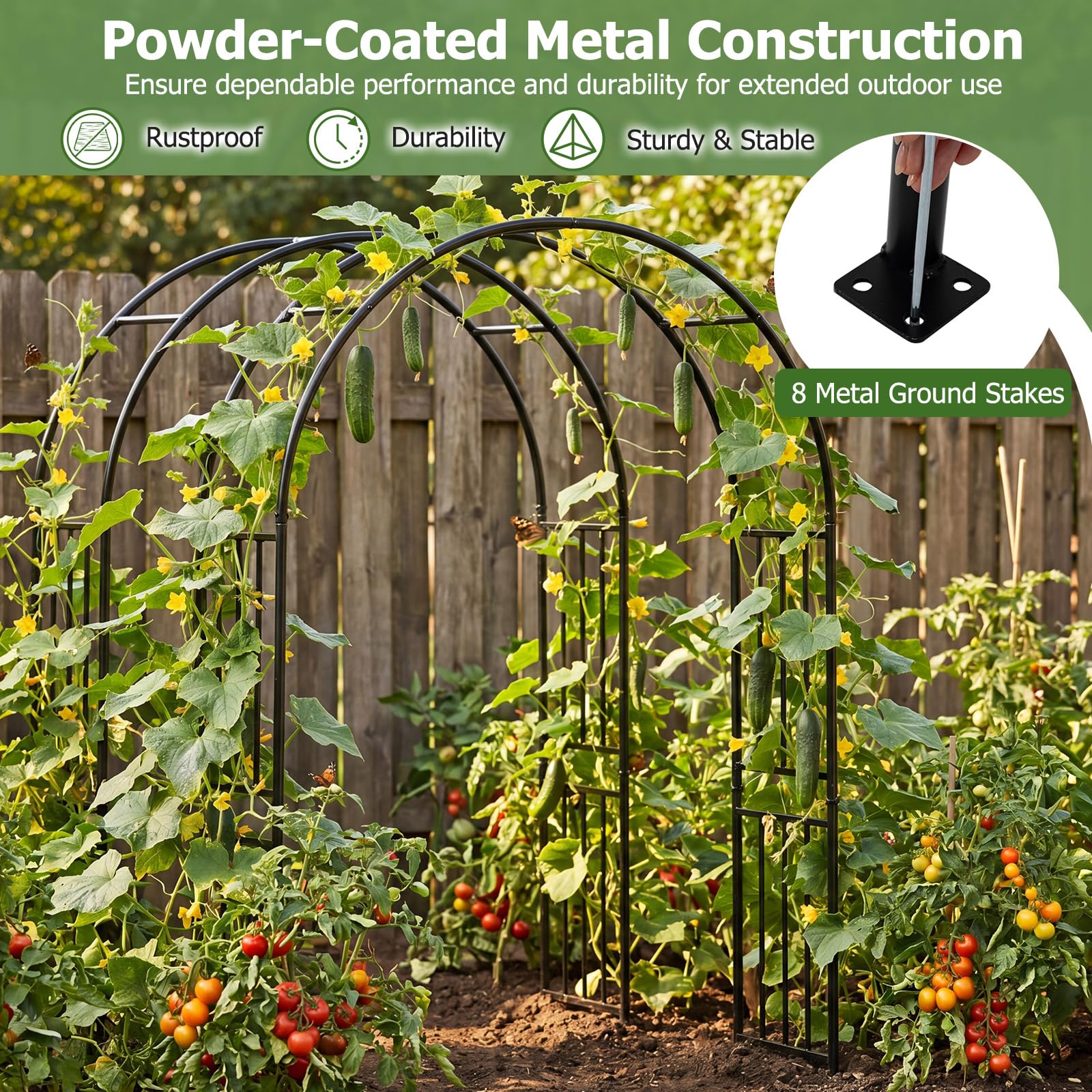 LDAILY Moccha Garden Arch Arbor Trellis, 7.2Ft Outdoor Steel Arbor with Stakes, Metal Archway for Climbing Plants, Wide Sturdy Garden Arch for Lawn, Party, Ceremony Wedding Decoration, Black (1 Piece)