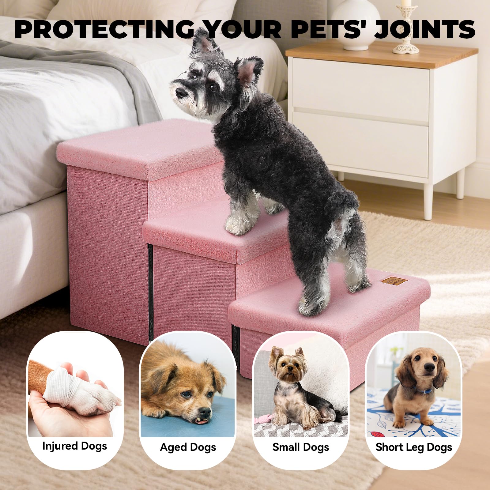 Zerbuger Dog Stairs with Condo 15" H, 2-Step Wider Dog Steps for Small/Medium/Large Old Dogs Cats, Folding Sturdy Storage Pet Stairs Climbing Bed Couch, Ramp for Car Hold Up to 150 lbs, Beige