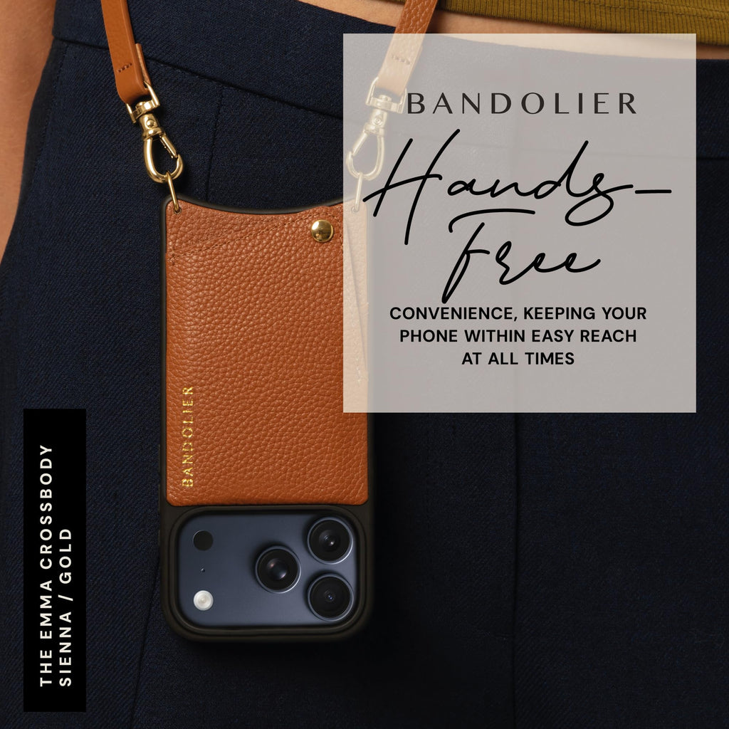 Bandolier Emma Crossbody Wallet Phone Case for iPhone 15 Pro Max. 100% Genuine Pebble Leather. Adjustable & Removable Crossbody Strap. Card Holder with Snap Closure. Black with Gold Hardware