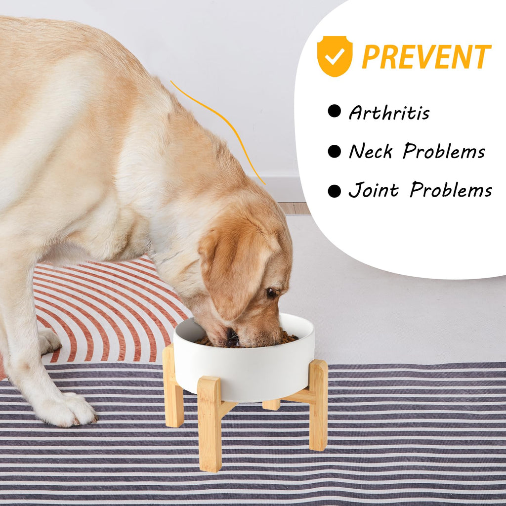 6'' Ceramic Raised Dog Bowl - 30Oz Dog Food & Water Bowl with Elevated Non-Slip Bamboo Stand, Dishwasher & Microwave Safe, Anti Vomiting Heavy Duty Pet Bowl for Small and Medium Dogs, Black