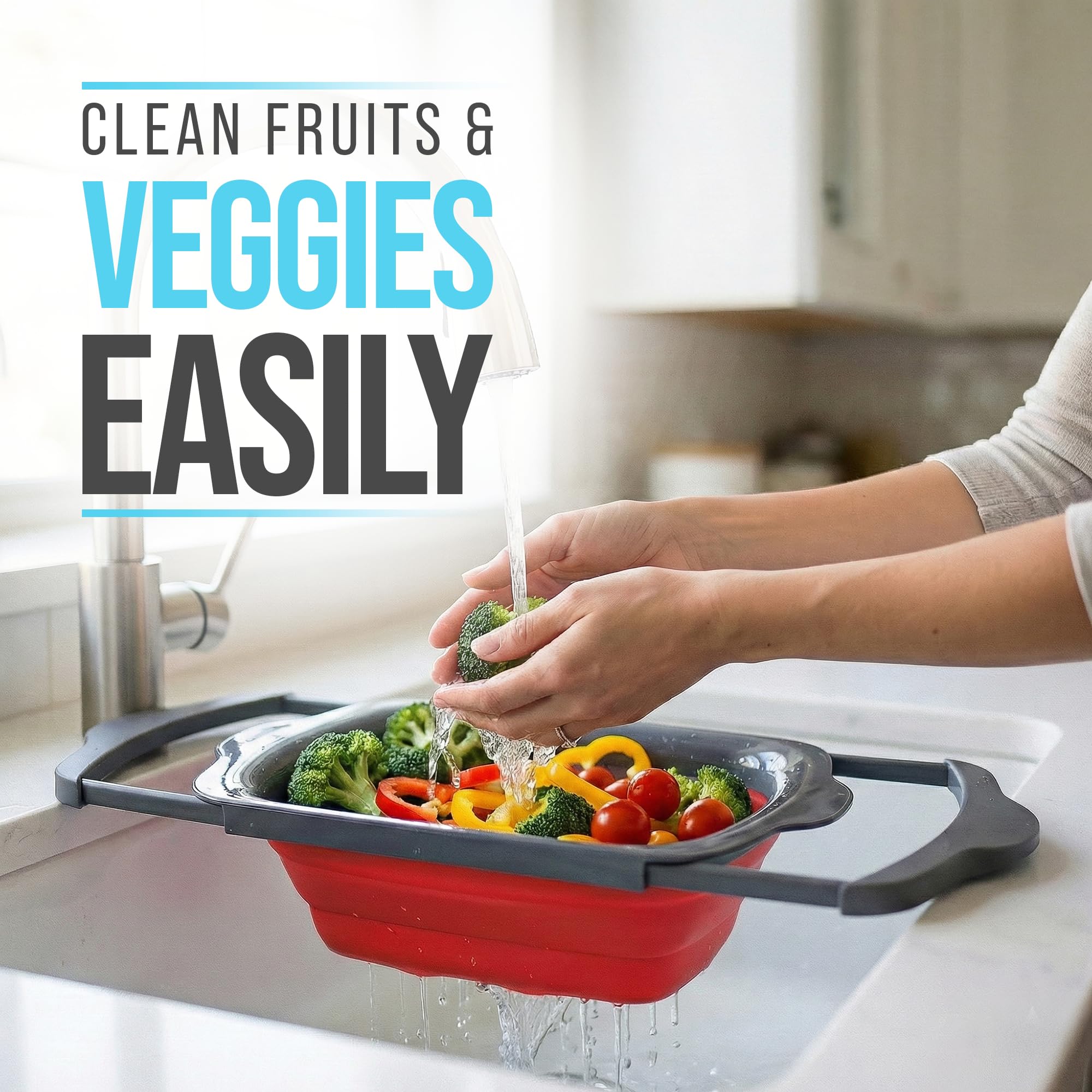 Comfify Over-the-Sink Colander with Handles – Sleek Plastic Black Kitchen Strainer for Pasta, Vegetables & Fruits – Space-Saving Design – 17.1 x 10.2 x 1.75 Inches