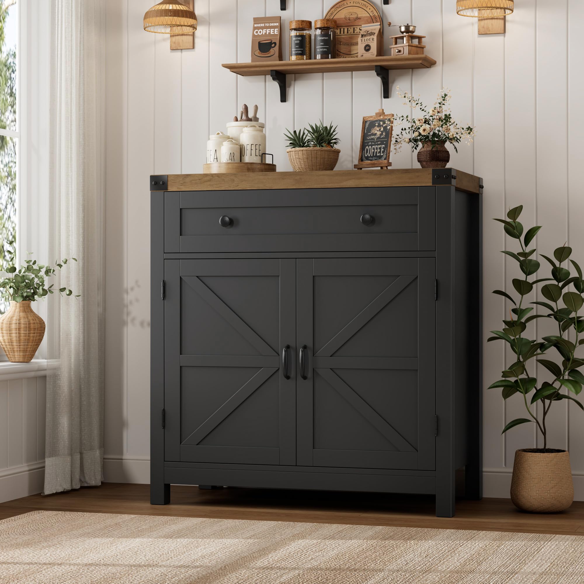 HOSTACK Coffee Bar Cabinet, Kitchen Storage Cabinet, Modern Farmhouse Buffet Sideboard with Drawer and Adjustable Shelf, Barn Door Accent Cabinets for Kitchen, Dining Room, Entryway, Ash Grey