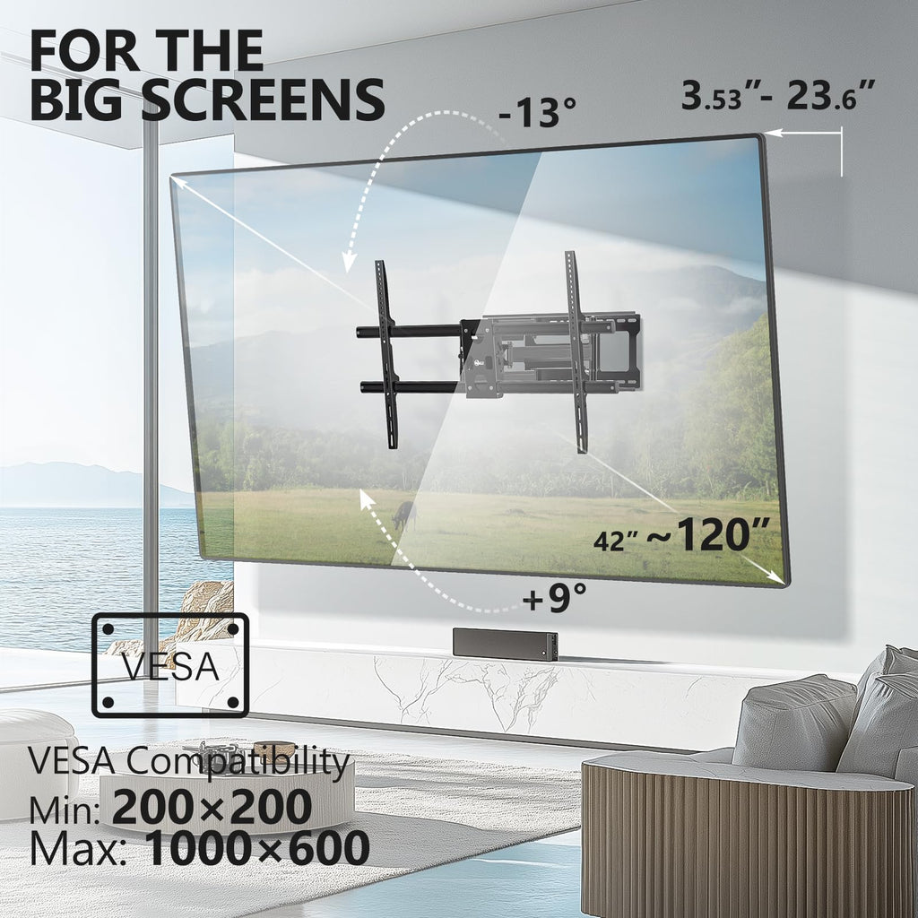 WALI Full Motion TV Wall Mount for 32–70 Inch TVs – Dual Articulating Mount with Swivel, Tilt & Extension | VESA up to 400x400mm | Fits 12/16" Wood Studs | Holds Up to 88 lbs