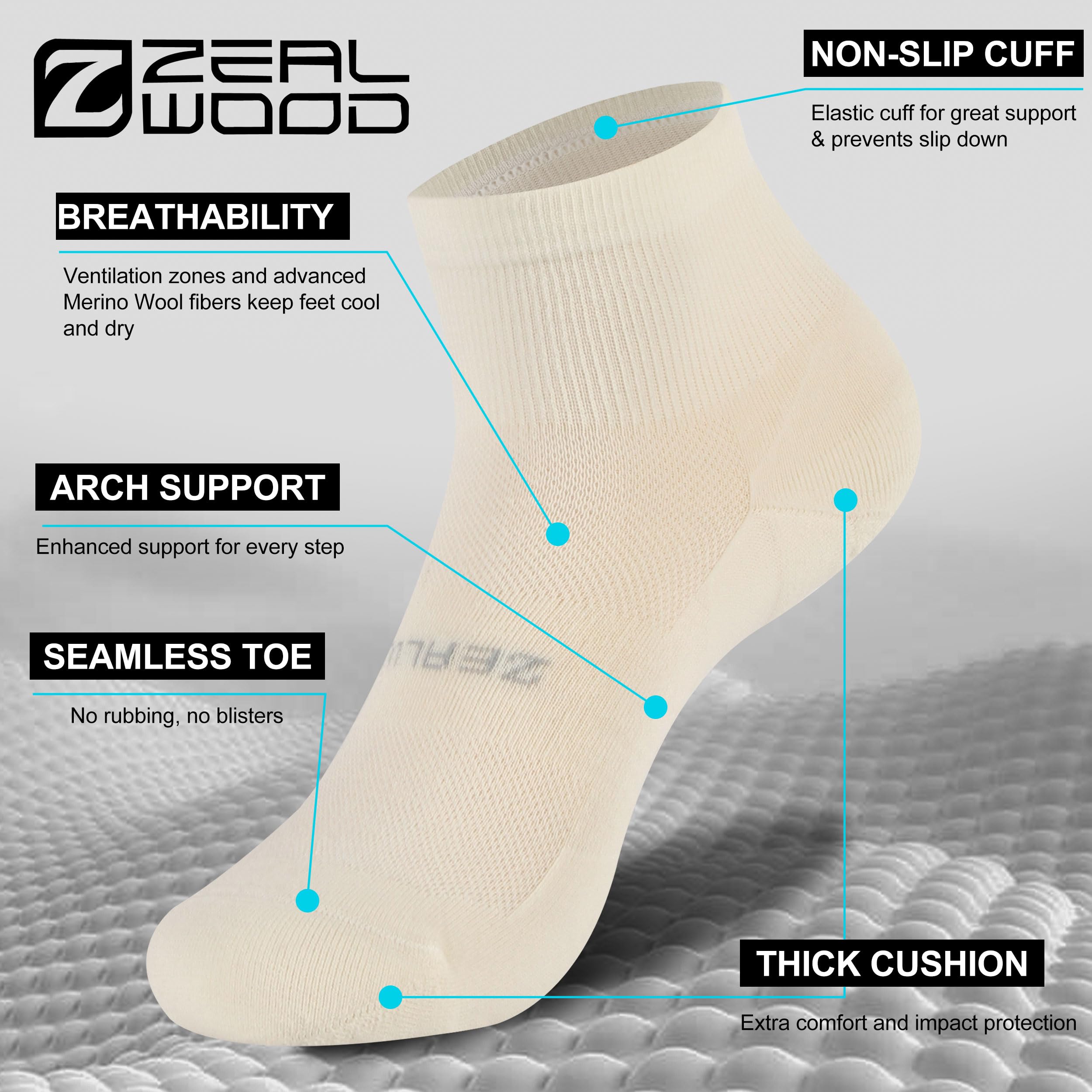 No Show Athletic Socks, ZEALWOOD 3 Pairs Merino Wool Ultra-Light Running Tennis Golf Socks for Men Women