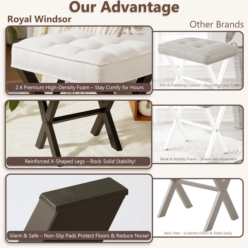 Royal Windsor Vanity Stool with Saddle Cushion, 18 Inch Makeup Vanity Chair for Living Room, Modern Foot Stool Ottoman Piano Bench,Small Upholstered Bench for Bedroom, Beige