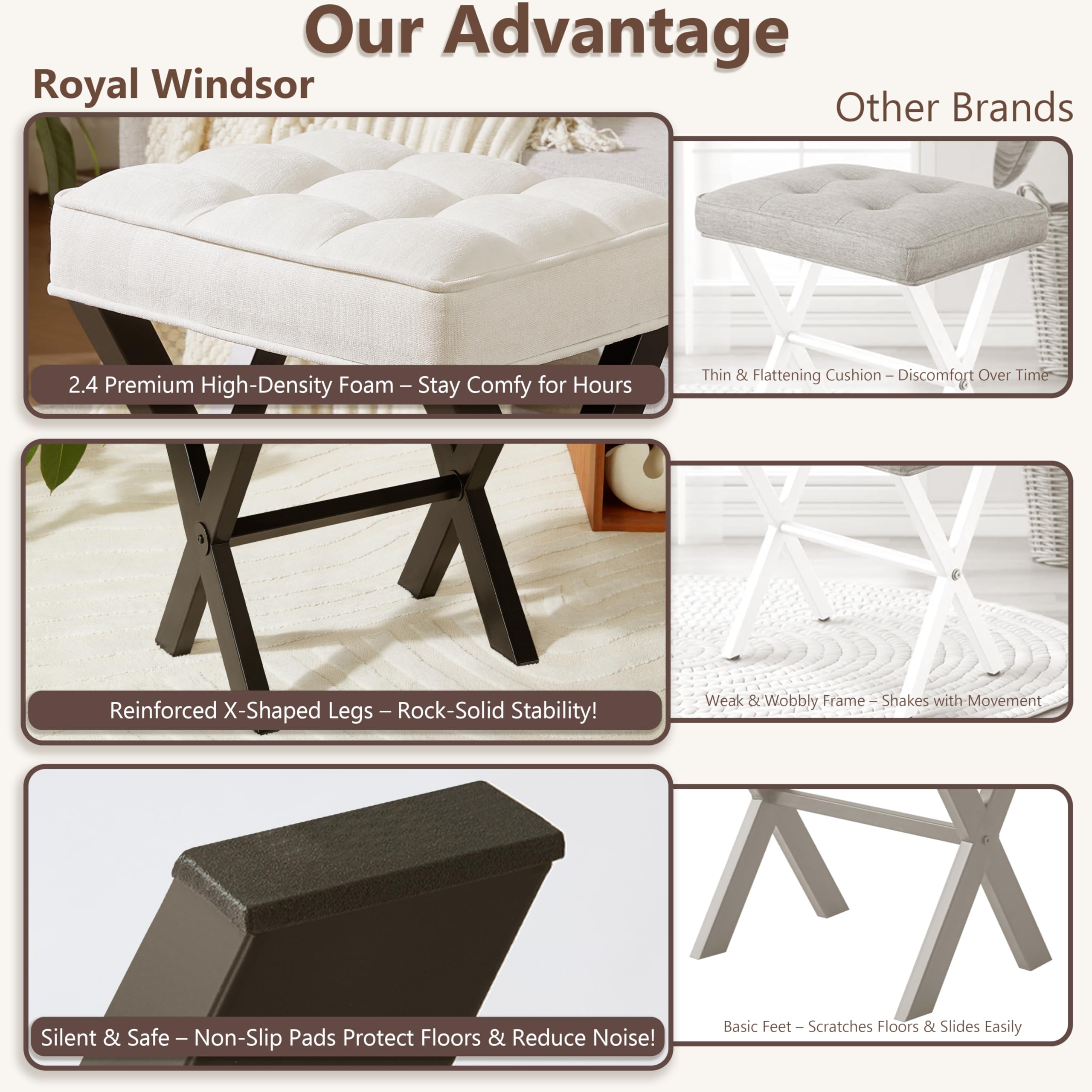 Royal Windsor Vanity Stool with Saddle Cushion, 18 Inch Makeup Vanity Chair for Living Room, Modern Foot Stool Ottoman Piano Bench,Small Upholstered Bench for Bedroom, Beige