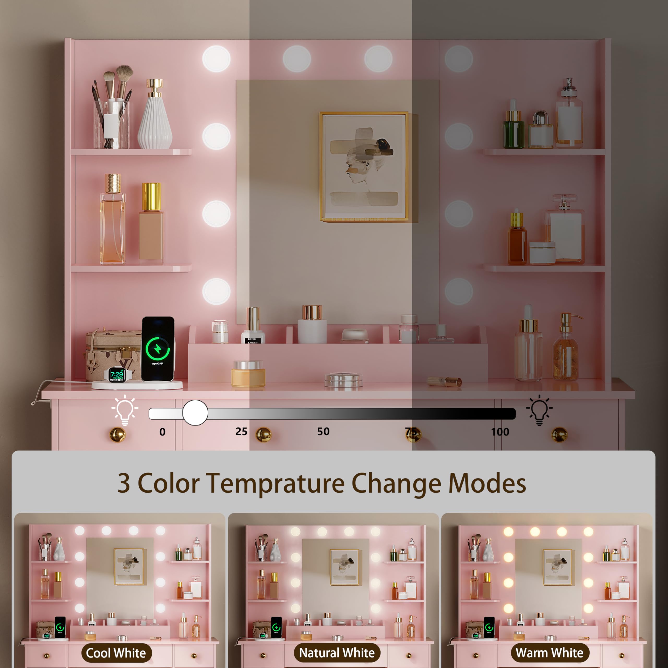HUANLEGO Vanity Desk with Mirror and Lights, Makeup Vanity with Mirror and LED Lights & Power Outlet, 3 Drawers and Cabinets, 3 Lighting Modes Dressing Table Set for Girls Women Bedroom,Oak