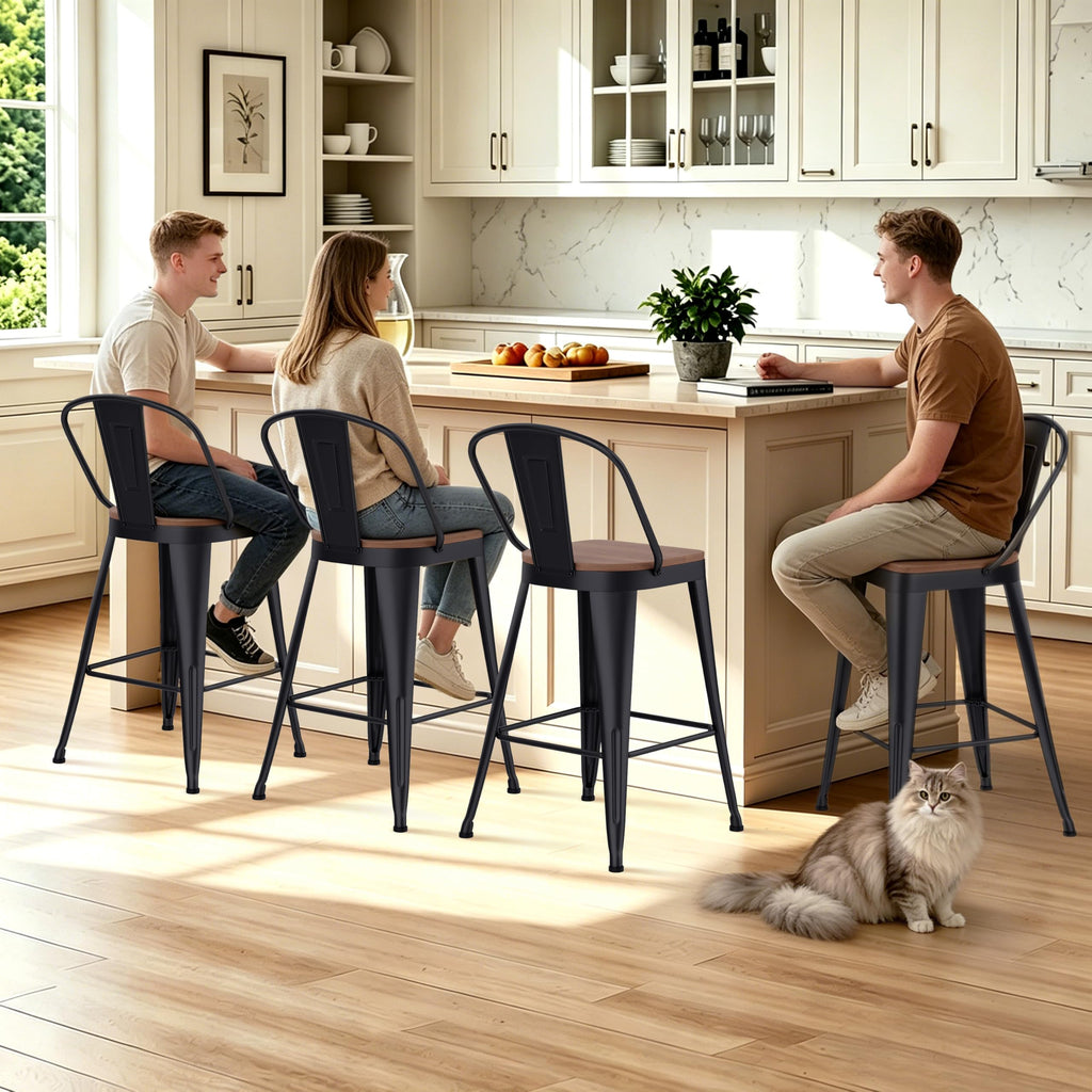 Barstools Set of 4 Counter Height Bar Stools for Kitchen Island Farmhouse Metal High Back Bar Chairs Wooden Seat 24" Matte Black