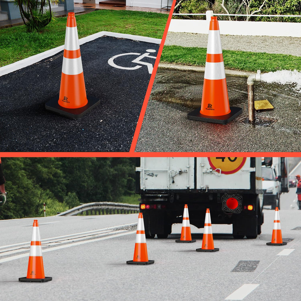 RoadHero 4 Pack Traffic Safety Cones 18 Inch with Black Weighted Base, Plastic PVC Cone, Orange Cones with Reflective Collar, Cones for Parking Lot, Construction Events, Road Safety