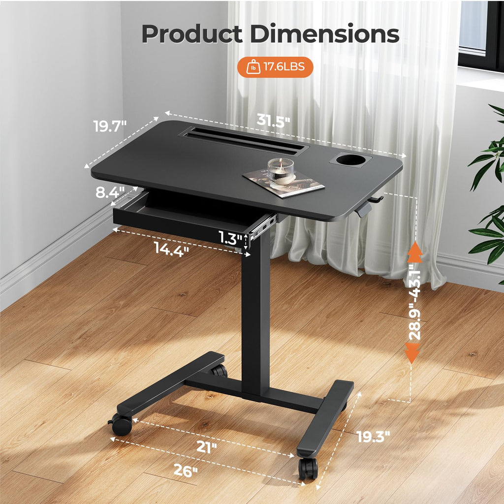 Small Mobile Standing Desk with Drawer, 23.6"x19.7" Rolling Laptop Cart on Wheels, Height Adjustable Sit Stand Computer Workstation with Storage for Compact Space, Black