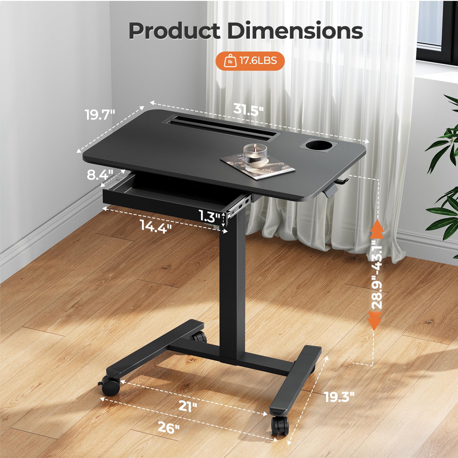 Small Mobile Standing Desk with Drawer, 23.6"x19.7" Rolling Laptop Cart on Wheels, Height Adjustable Sit Stand Computer Workstation with Storage for Compact Space, Black