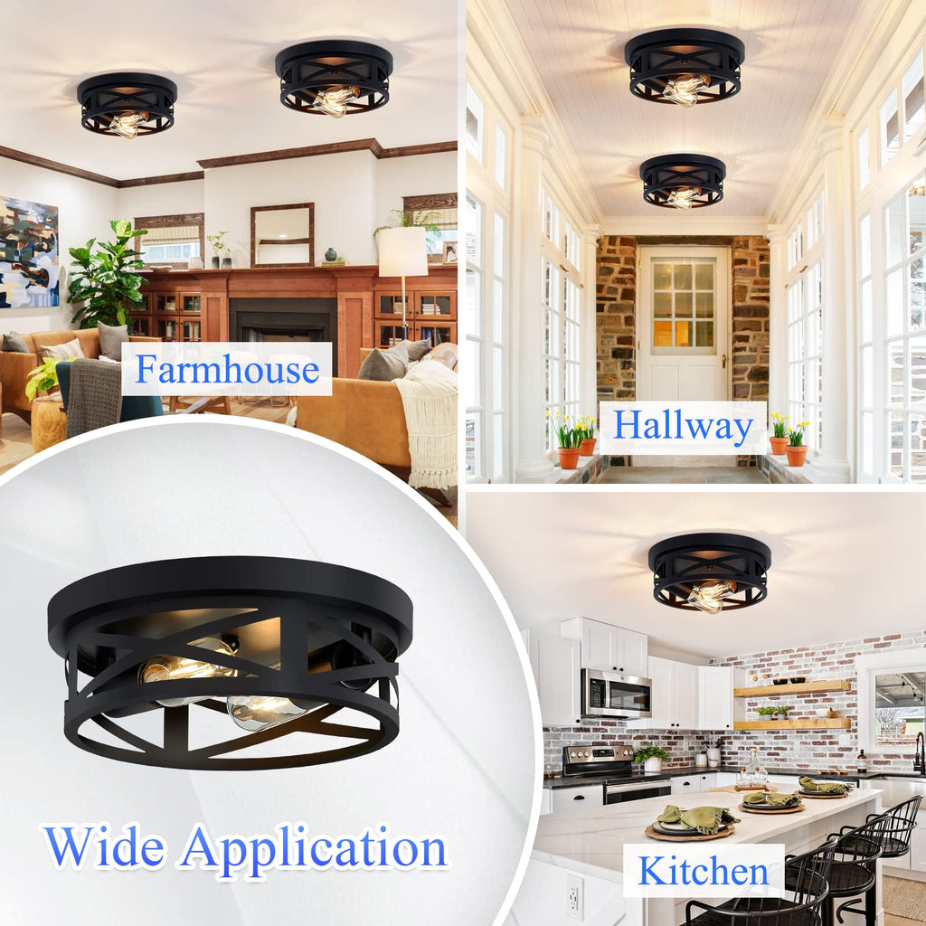 SKEJAO Flush Mount Ceiling Light Fixture,Black 2-Light Hallway Light Fixtures Ceiling,Light Fixtures Ceiling Mount for Farmhouse,Kitchen,Hall,Bedroom,Bathroom (2 Pack)