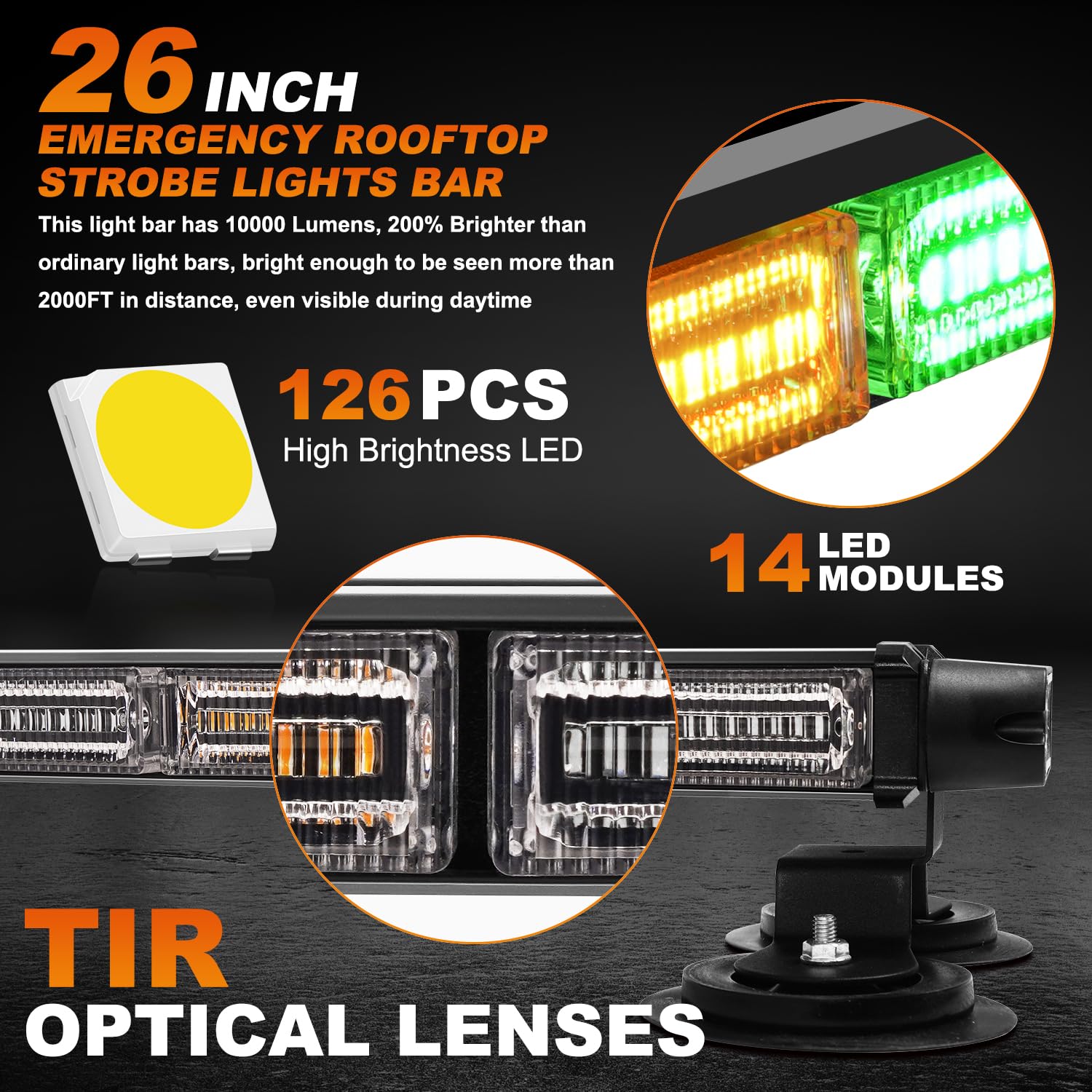 ASPL 26inch 126 LED Rooftop Emergency Strobe Lights Bar Double Side Flashing Safety Warning Traffic Advisor Light Bar Hazard Snow Plow Light for Work Trucks Vehicles Construction Tow Pickup(Amber)