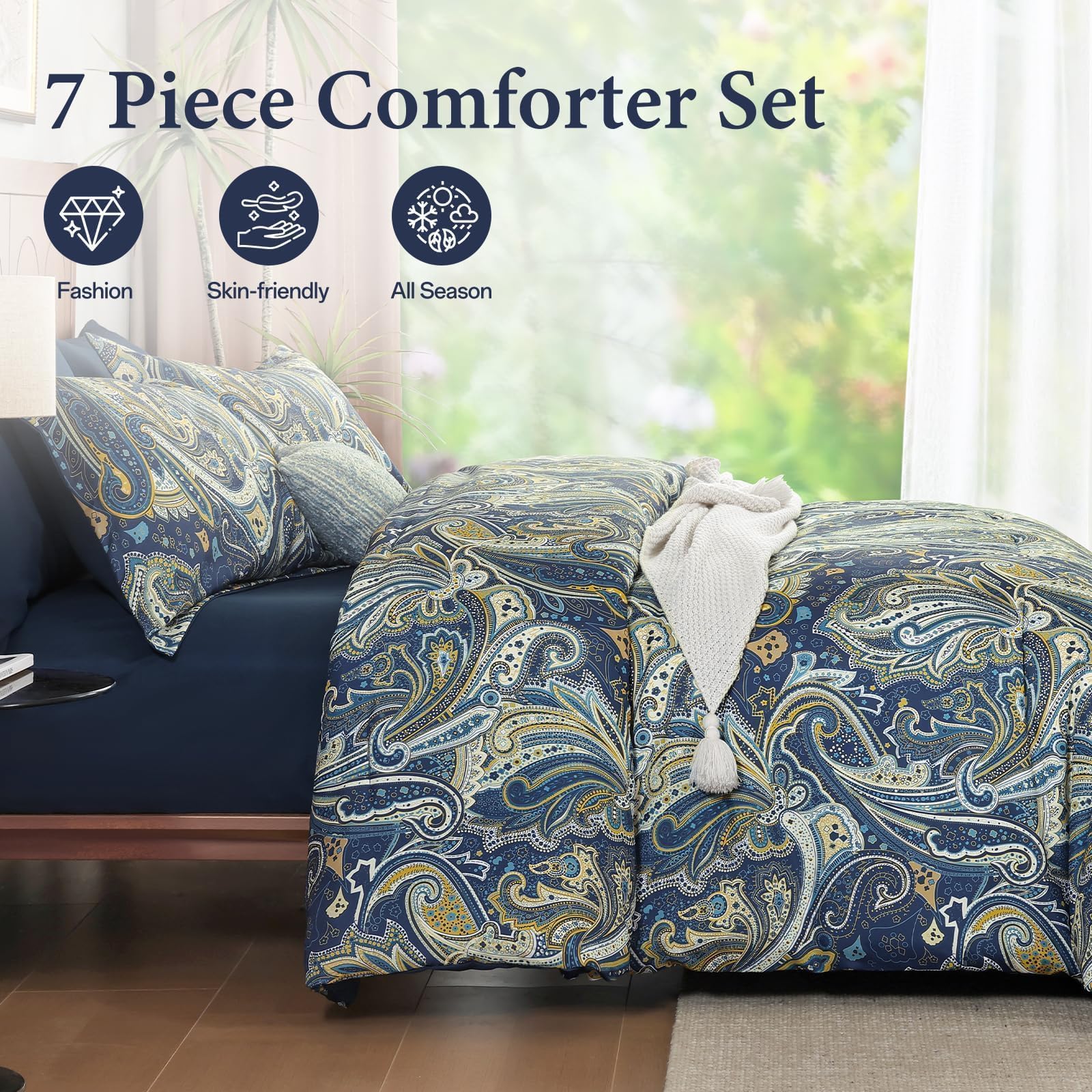 DJY Black Paisley Comforter Set Full Size 7 Piece Bed in a Bag Black and Grey Boho Paisley Pattern Comforter Set Soft Lightweight Microfiber Reversible Bedding Set for All Season