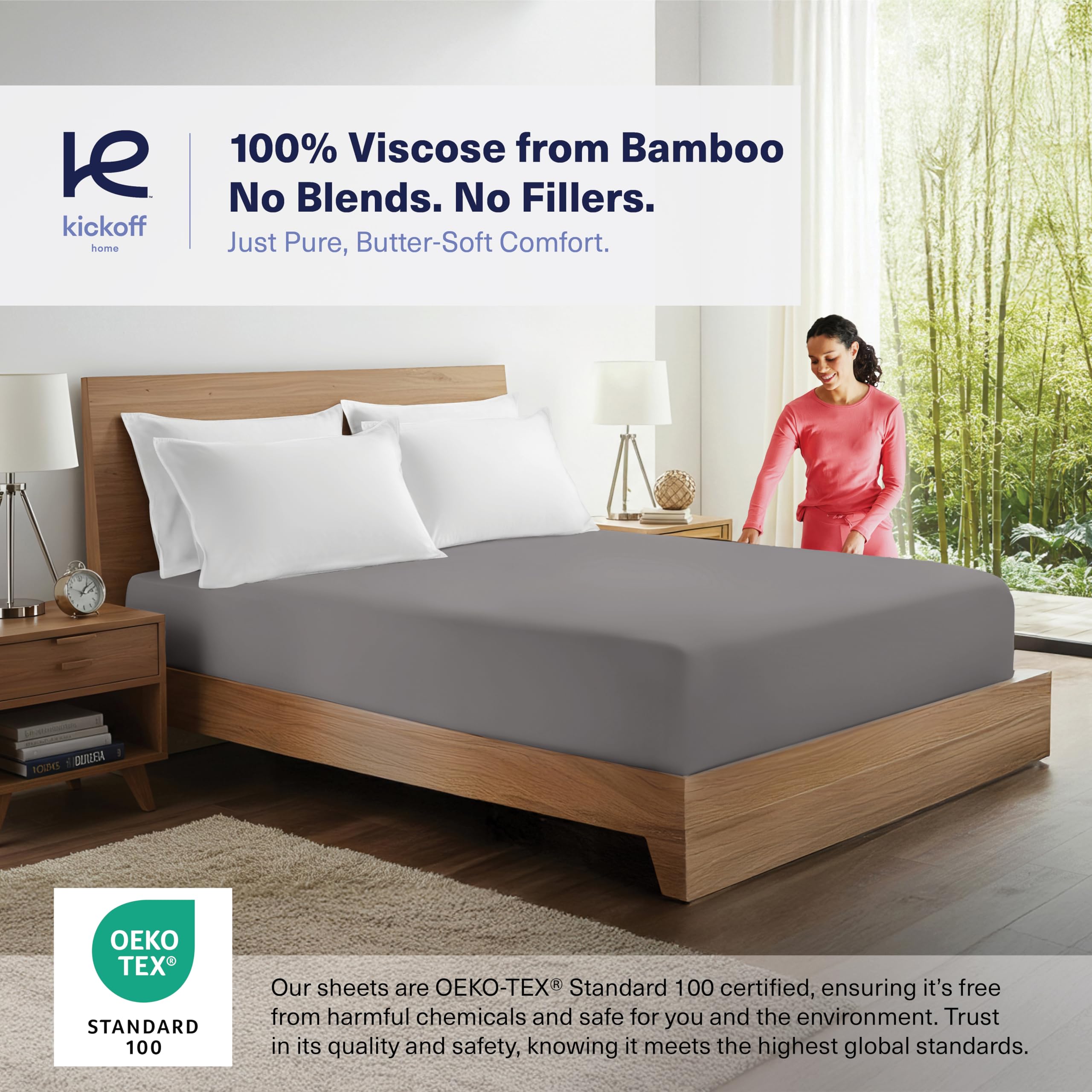 Kickoff Viscose Bamboo Fitted Sheet Twin Size, 100% Organic Cooling Sheets Fitted ONLY Viscose Bamboo Sheets Twin Size Bed Sheet for Hot Sleepers, Extra Deep Pocket, 4 Corner Strap (T, Onyx Black)