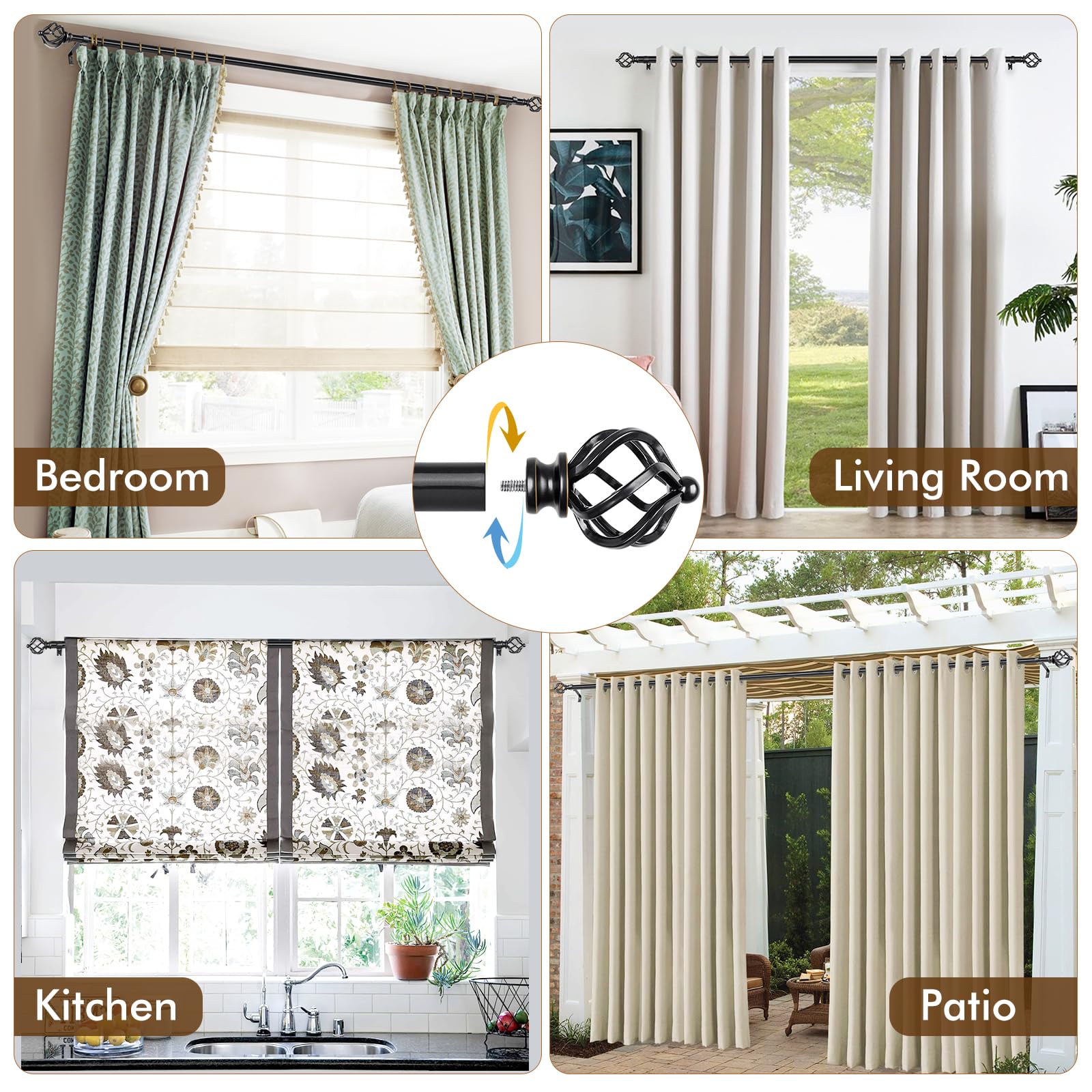KAMANINA Silver Curtain Rod 32 to 58 Inch(2.6-4.8ft), Adjustable Curtain Rods for Windows 28 to 48 Inch, 3/4 Inch Splicing Drapery Rods with Twisted Cage Finial