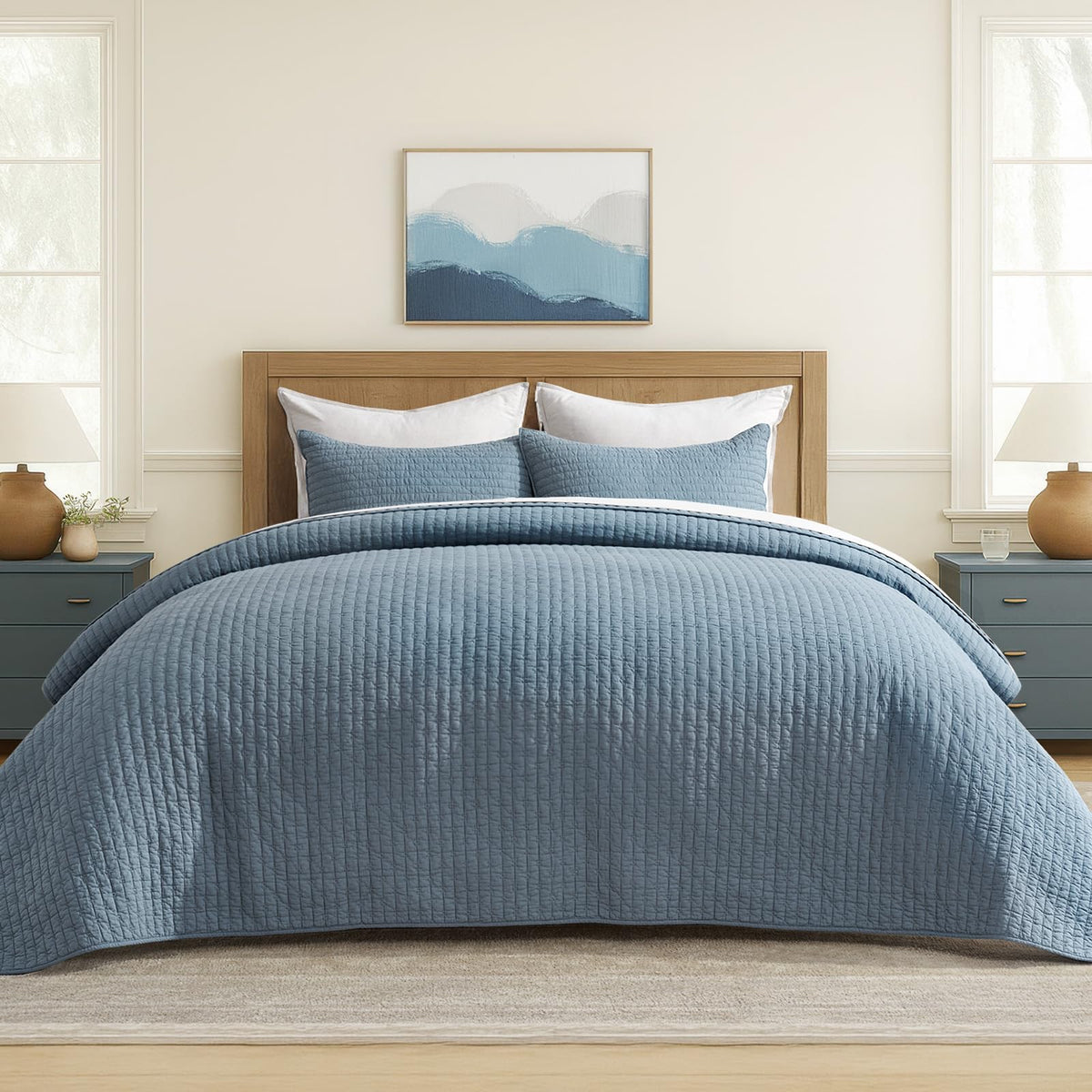 EVERGRACE Cotton Border Frame Tack-Stitch Quilt Bedding Set Queen Size, Coastal Oversized 3 Pieces Lightweight Bedspread Coverlet for All Season, with 2 Matching Shams, Blue Linen