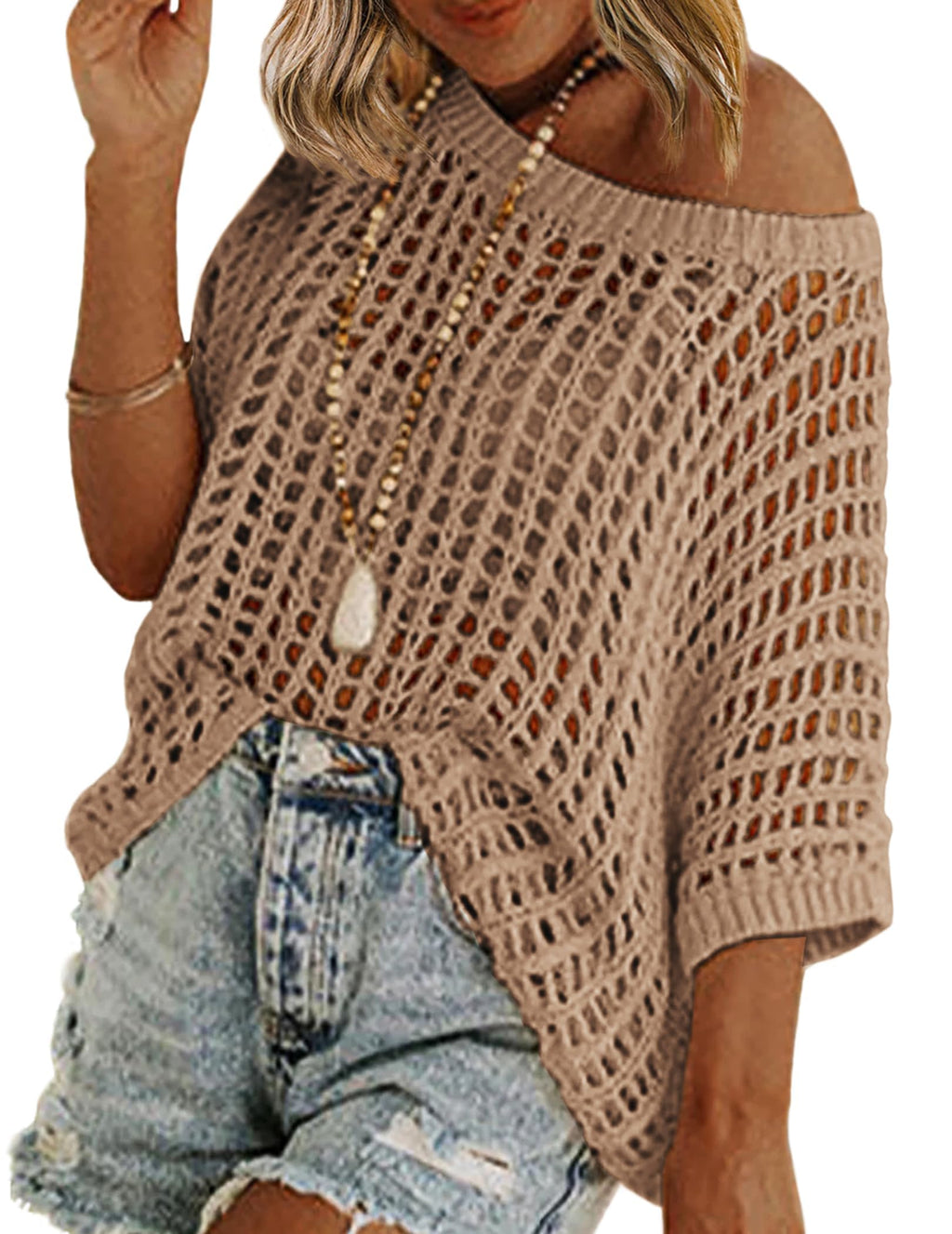 Zeagoo Short Sleeve Crochet Sweater Lightweight Summer Tops Loose Hollow Out Crewneck Pullover