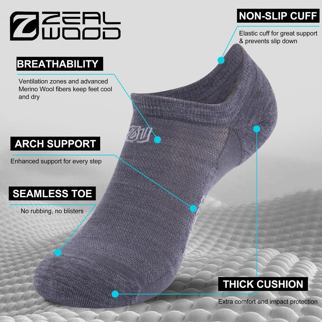 No Show Athletic Socks, ZEALWOOD 3 Pairs Merino Wool Ultra-Light Running Tennis Golf Socks for Men Women