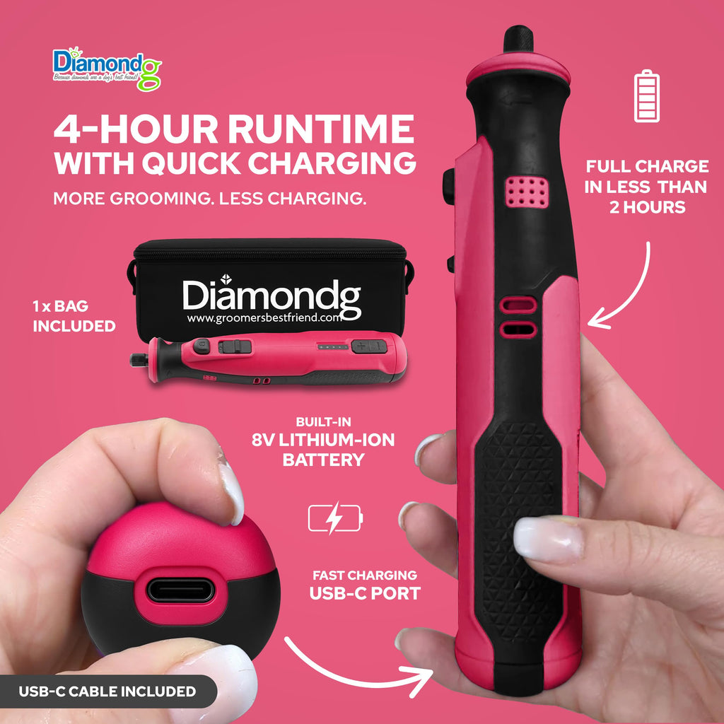 Diamondg Cordless Dog Nail Grinder with Quiet Sound & LED Tip for Large & Small Dogs, 4hrs. Runtime - Electric Dog Nail Trimmer, Heavy Duty Rotary Tool Alternative to Toenail Clippers & Filers