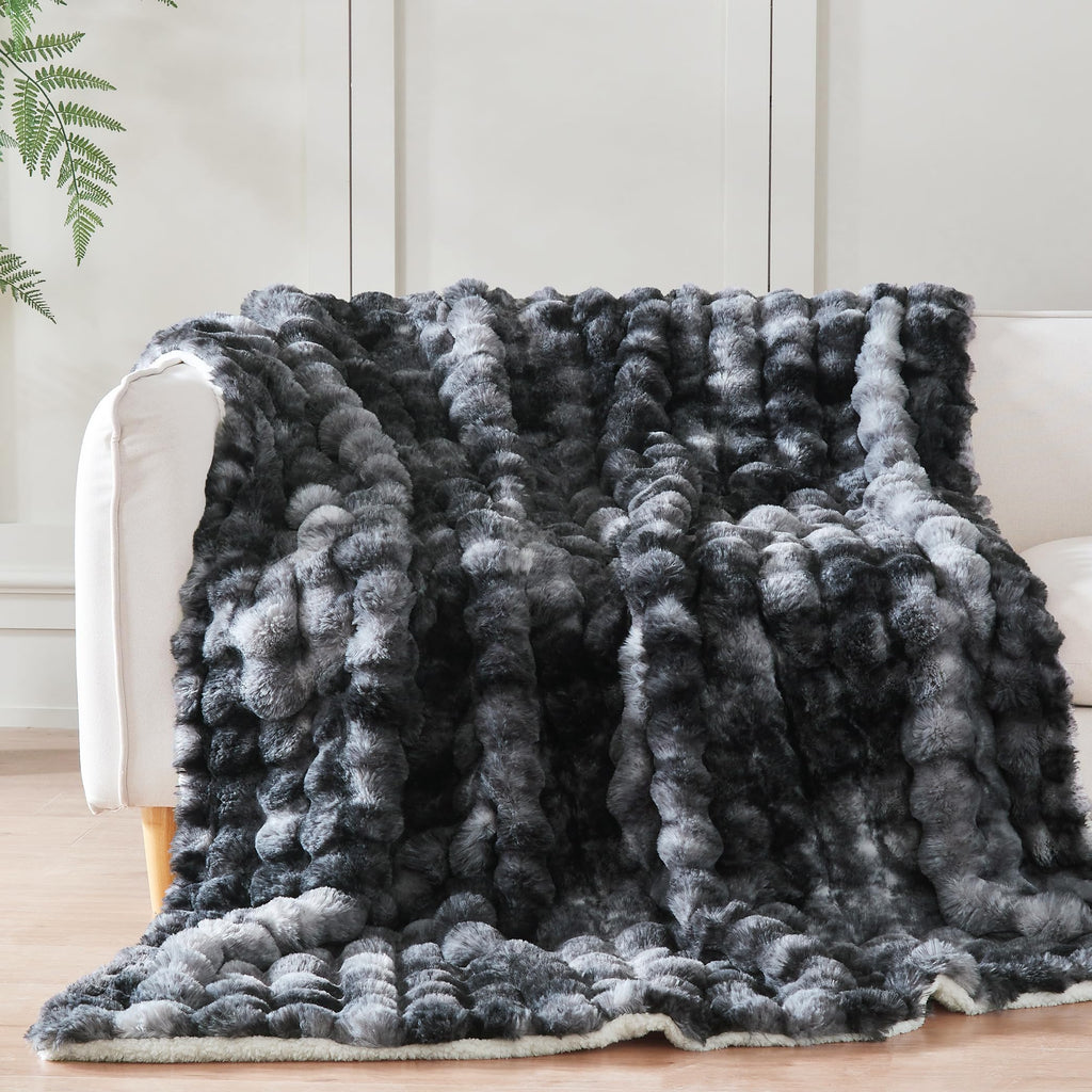 50x60 Inches Ultra-Soft Fuzzy Faux Fur Plush Throw Blanket - Thick, Warm Sherpa for Couch, Sofa, Bedroom, Camping - Decorative Blanket for Cozy Warmth, Bubble Grey