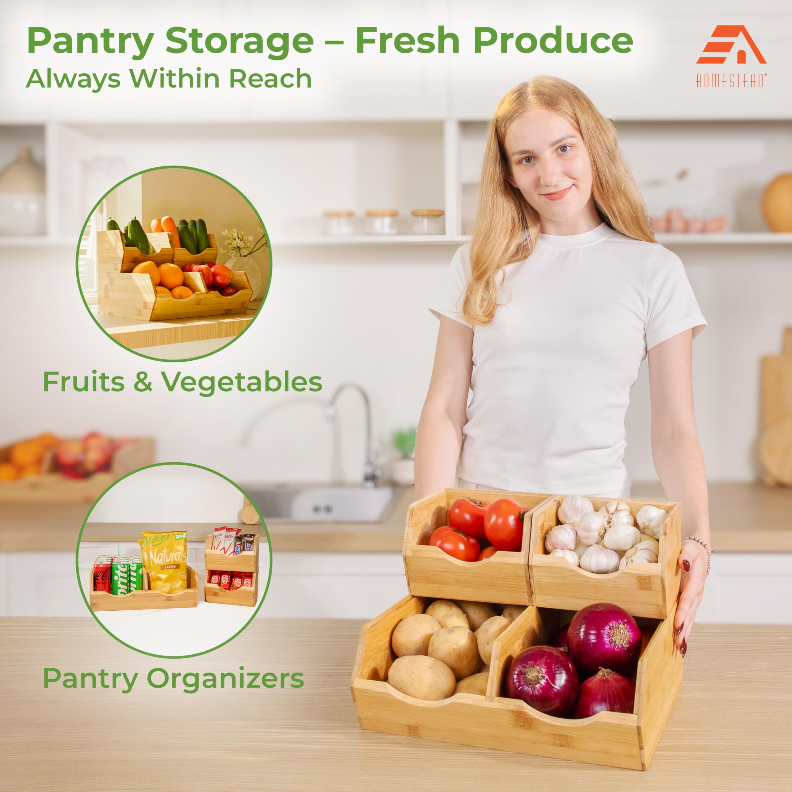 HOMESTEAD Bamboo Pantry Storage Bins – Stackable Potato & Onion Storage Bin for Kitchen Countertop, Pantry Organizer, Fruit Vegetable Basket, Multiuse - Set of 3 Slide-Out Access