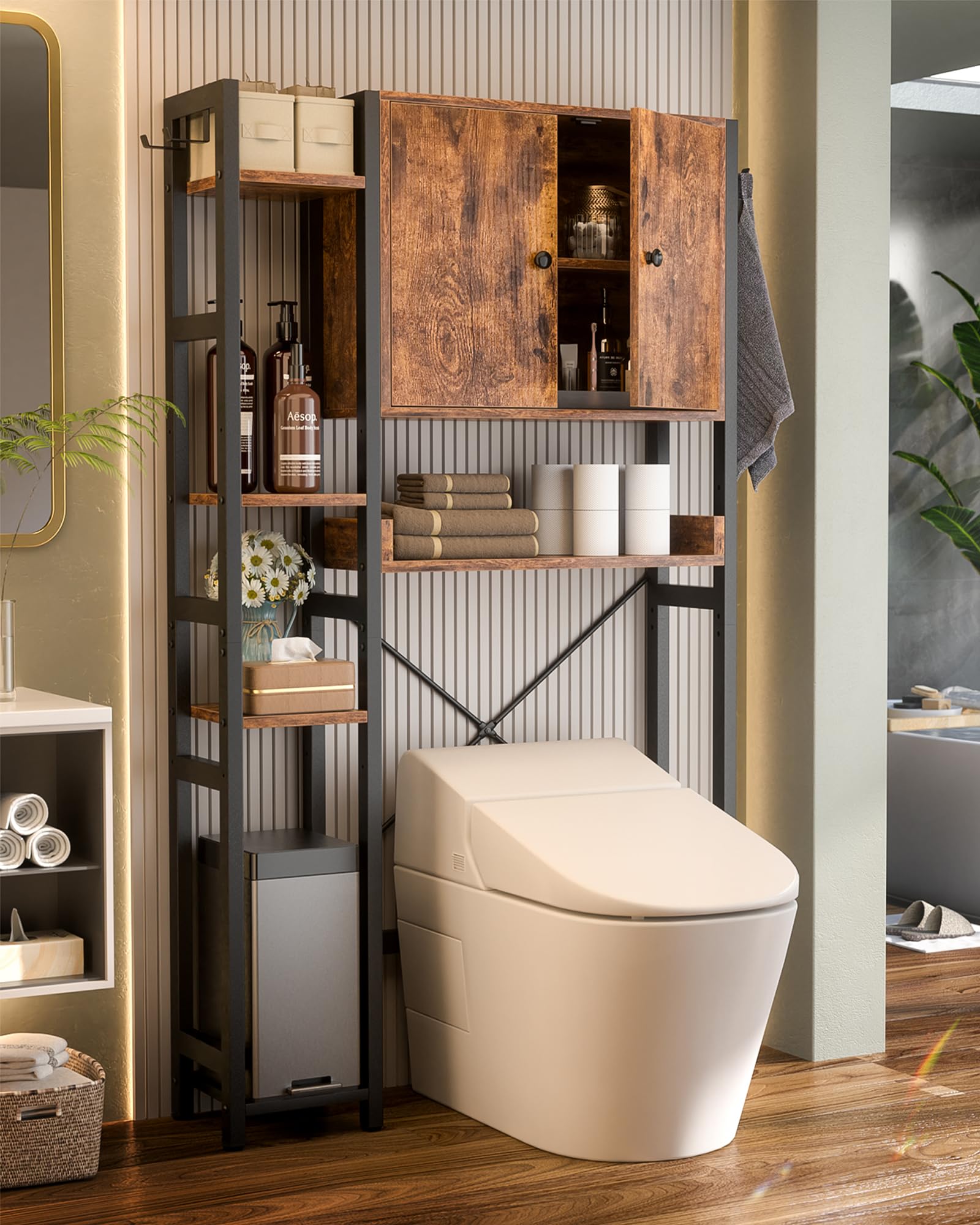 Over The Toilet Storage Cabinet with Doors - 7 Tier Bathroom Organizer with Adjustable Shelf, Freestanding Space Saver Rack Above Toilet Stand with 4 Hooks for Bathroom, Restroom, Laundry, Black