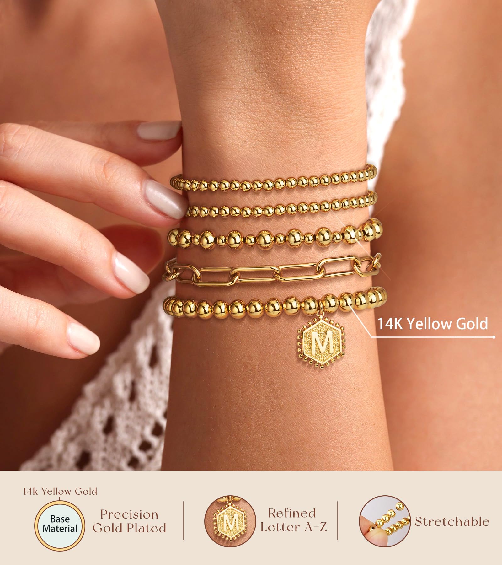 adoyi Gold Bracelets for Women Waterproof, 14K Gold Plated Beaded Strand Bead Ball Bracelets stack Adjustable Jewelry Set for Gifts
