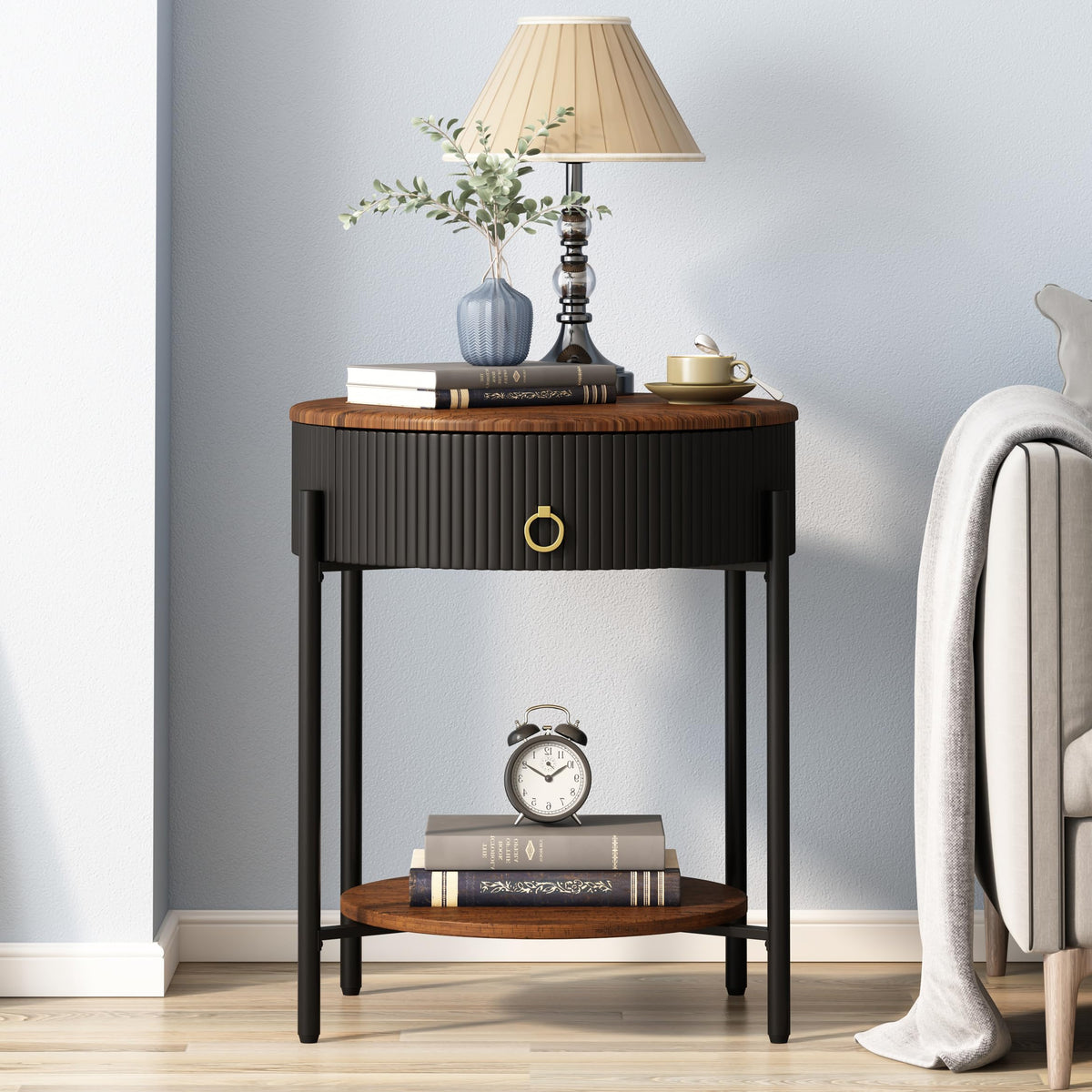 OIOG Modern Side Table with Drawer, Industrial 2 Tier End Table with Shelf, Wood Grain Nightstand with Storage for Living Room, Bedroom, Office, Dorm, Black