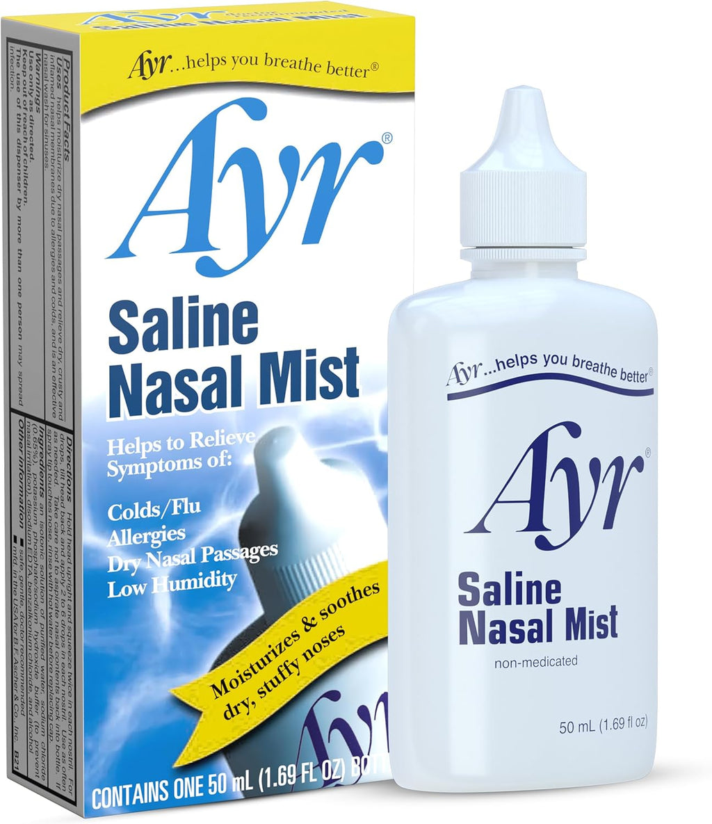 Ayr Saline Nasal Mist Spray 50 mL – Non Medicated Nasal Moisturizer for Dry Nasal Passages Cold and Allergy Relief (Pack of 2)