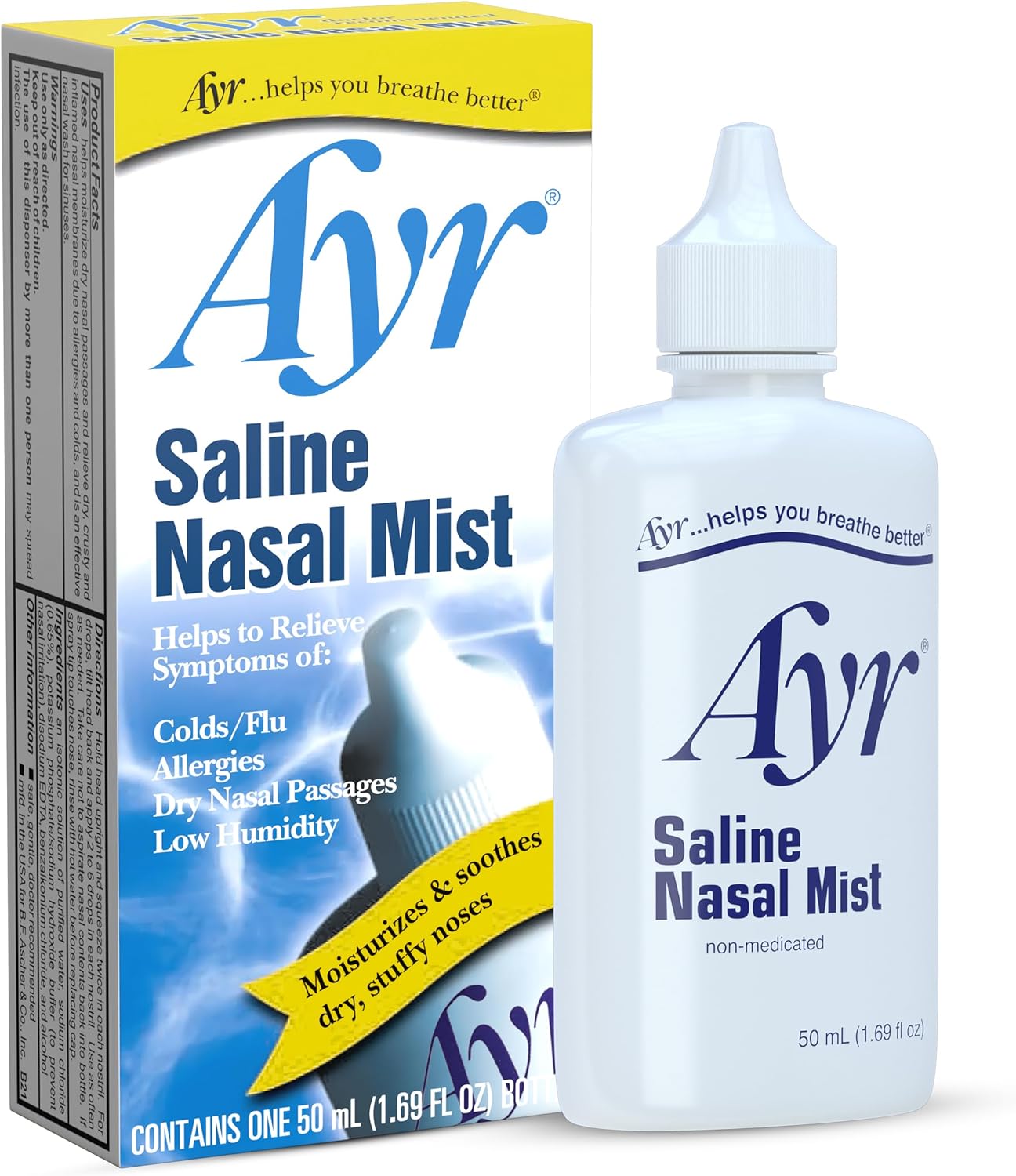 Ayr Saline Nasal Mist Spray 50 mL – Non Medicated Nasal Moisturizer for Dry Nasal Passages Cold and Allergy Relief (Pack of 2)