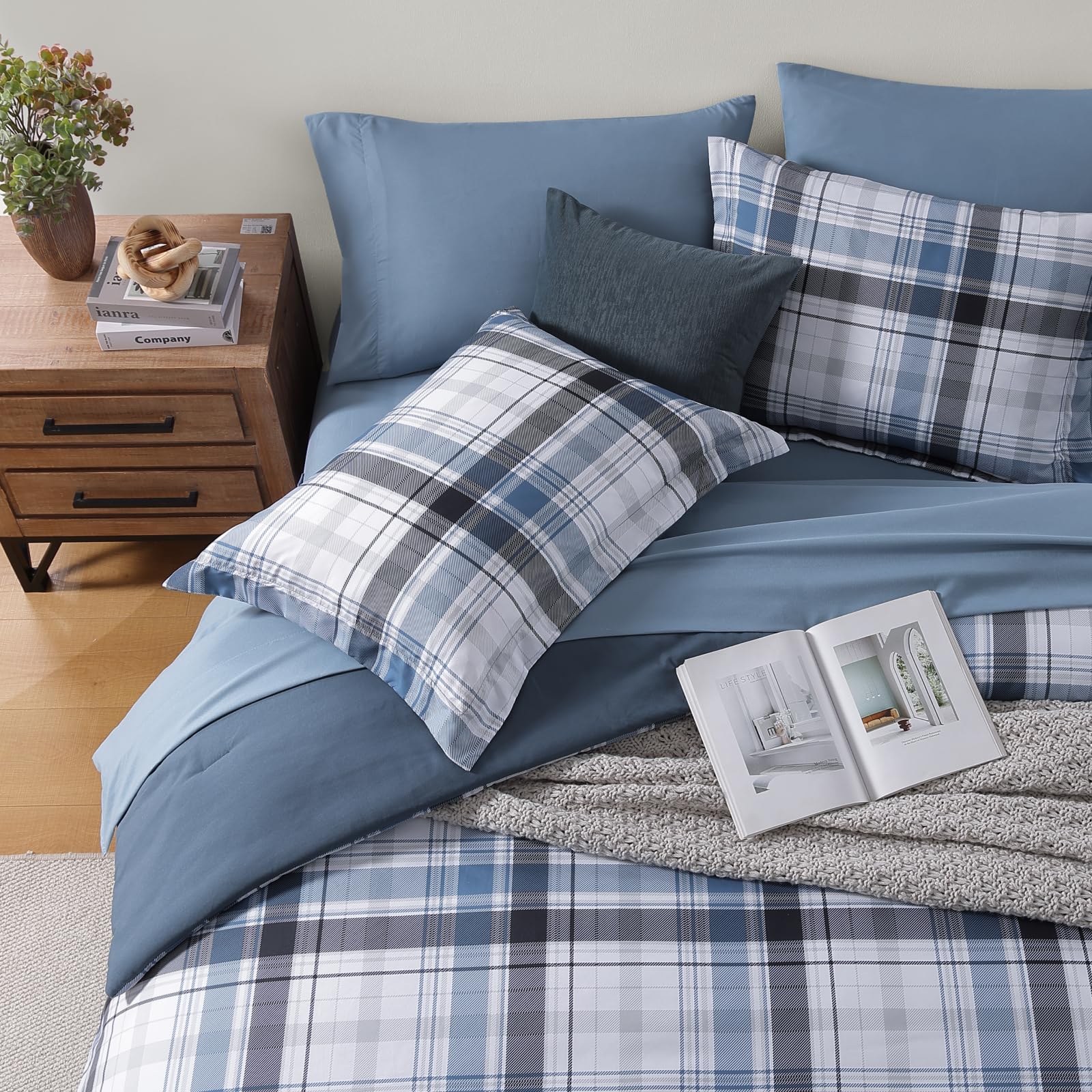 MaiRêve Queen Comforter Set, Classic Plaid Farmhouse Bedding Sets 7 Pieces, Beige All Season Bed in A Bag with Sheets, Pillowcases & Shams