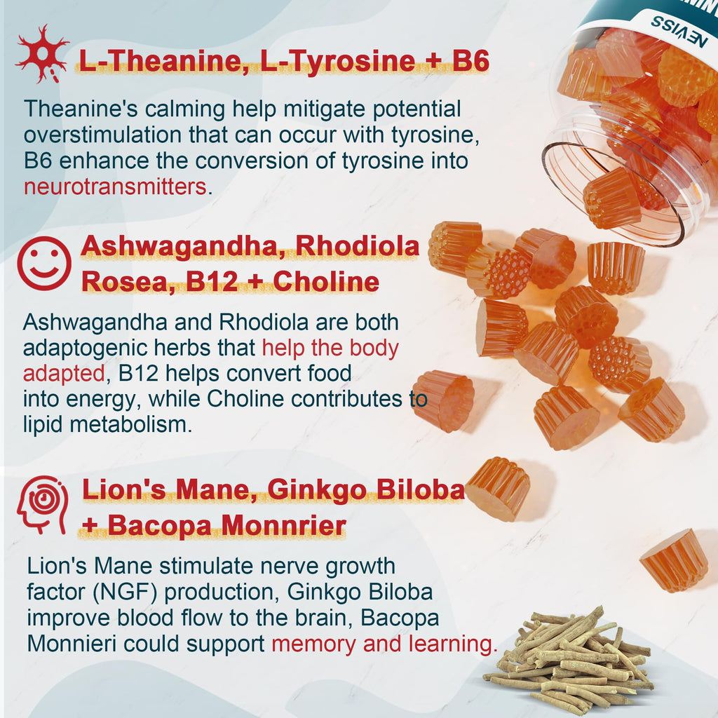 Sugar Free L-Tyrosine Gummies 300mg L-Theanine 200mg Vitamin B6 100mg & B12 500mcg, Brain Health Herbs 300mg w/Ginkgo Biloba, Rhodiola Rosea, Lion's Mane Mushroom for Sustained Focus & Energy, 1Pack