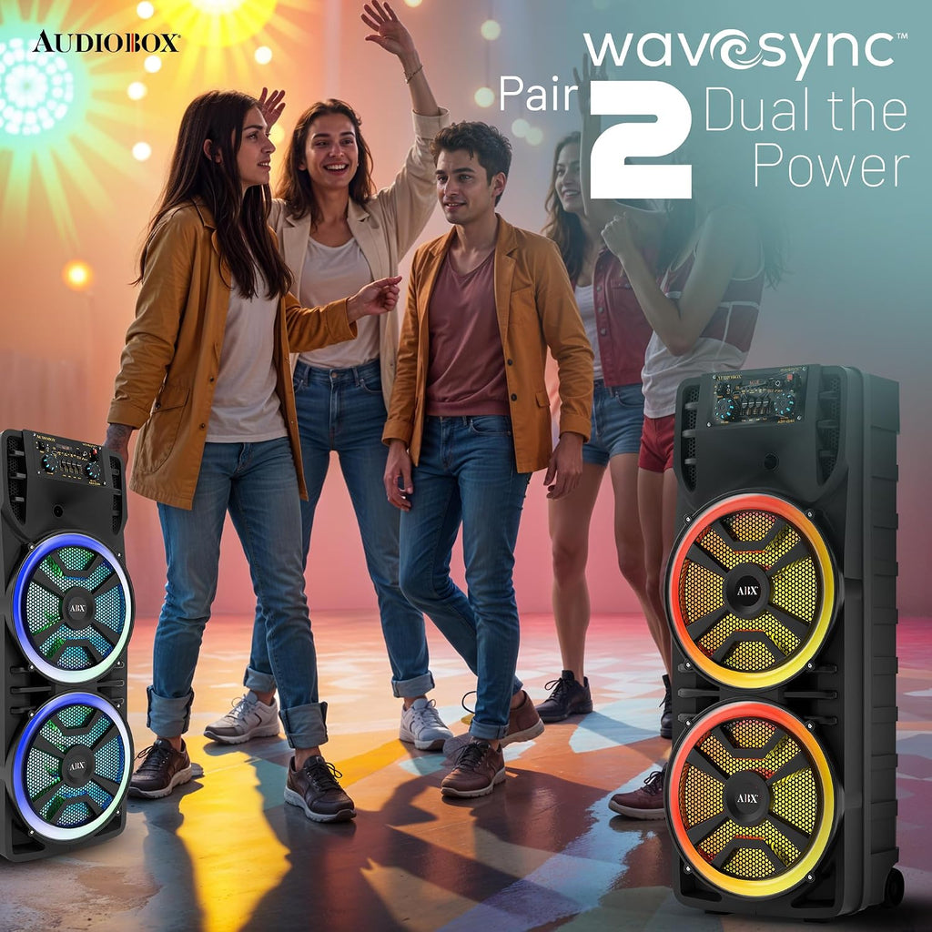 Audiobox ABX-214R Portable Bluetooth Speaker Karaoke Machine - Dual 12" Woofers, RGB Party Lights, AUX, Lightweight with Loud Bass, Singing Machine with Bluetooth & Wireless Microphone - 37-Inch Tall