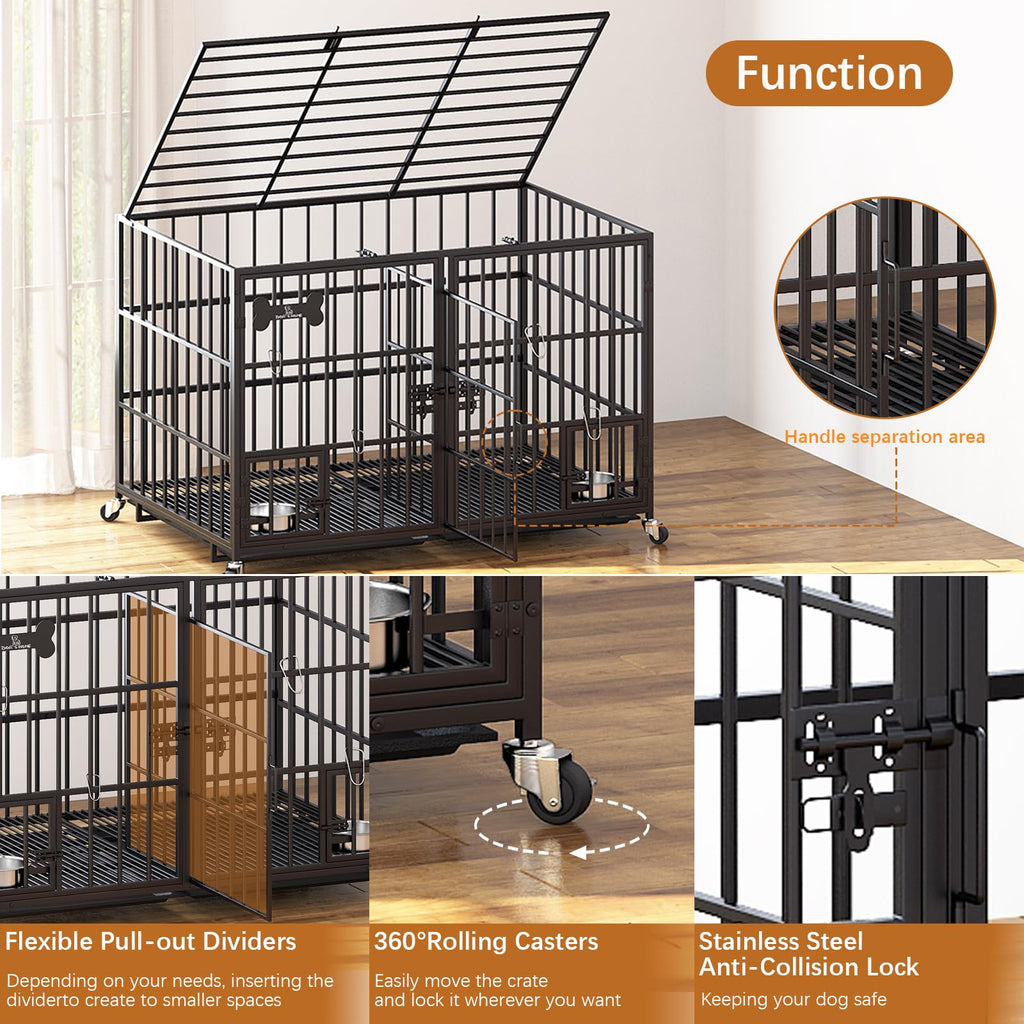 Dosker 42 inch Heavy Duty Metal Dog Crate with Divider for 2 Dogs/Large Dog, All Metal Open Top Escape Proof Cage, Indoor Dog Kennel with Wheels, Floor Grid, Tray, Feeding Bowl