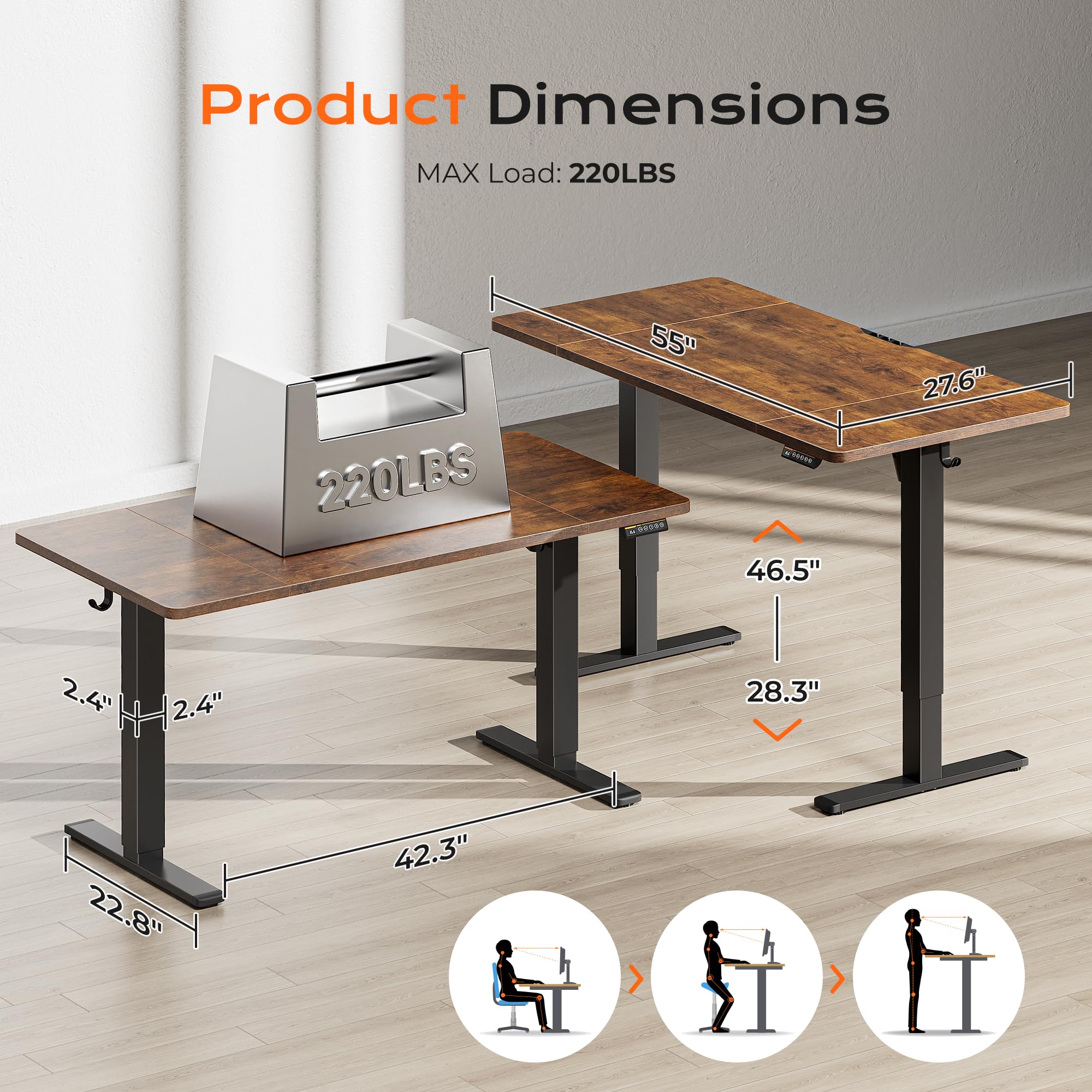 Huuger 48 x 28 Large Electric Standing Desk, Height Adjustable Desk, 27.6" Deep Desktop, Stand up Gaming, 2 Hooks, 3 Preset Heights, for Home Office, Black