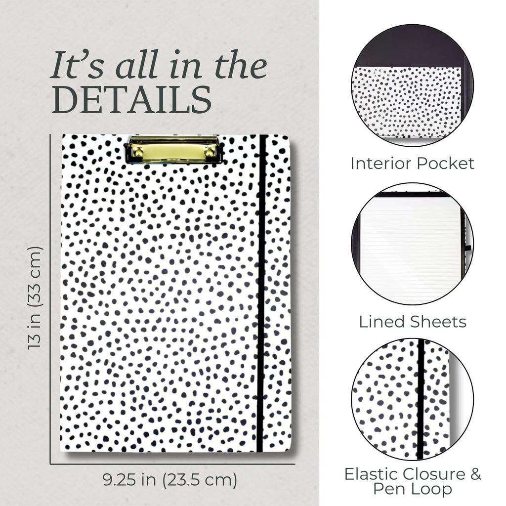 Steel Mill & Co Cute Clipboard Folio with Refillable Lined Notepad and Interior Storage Pocket, Black and White Padfolio for Work, Black Dots