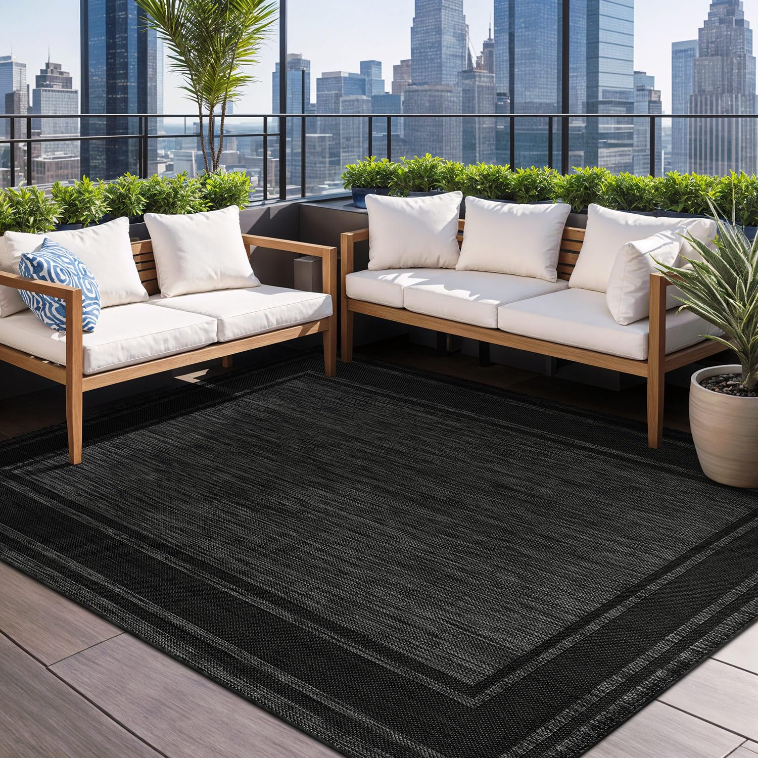 Beverly Rug Outdoor Rug 5x7 Modern Bordered Area Rugs for Indoor and Outdoor Patio Deck Porch Garden Waterproof Weather Sun Resistant Washable Outside Carpet (5 x 7 Beige)