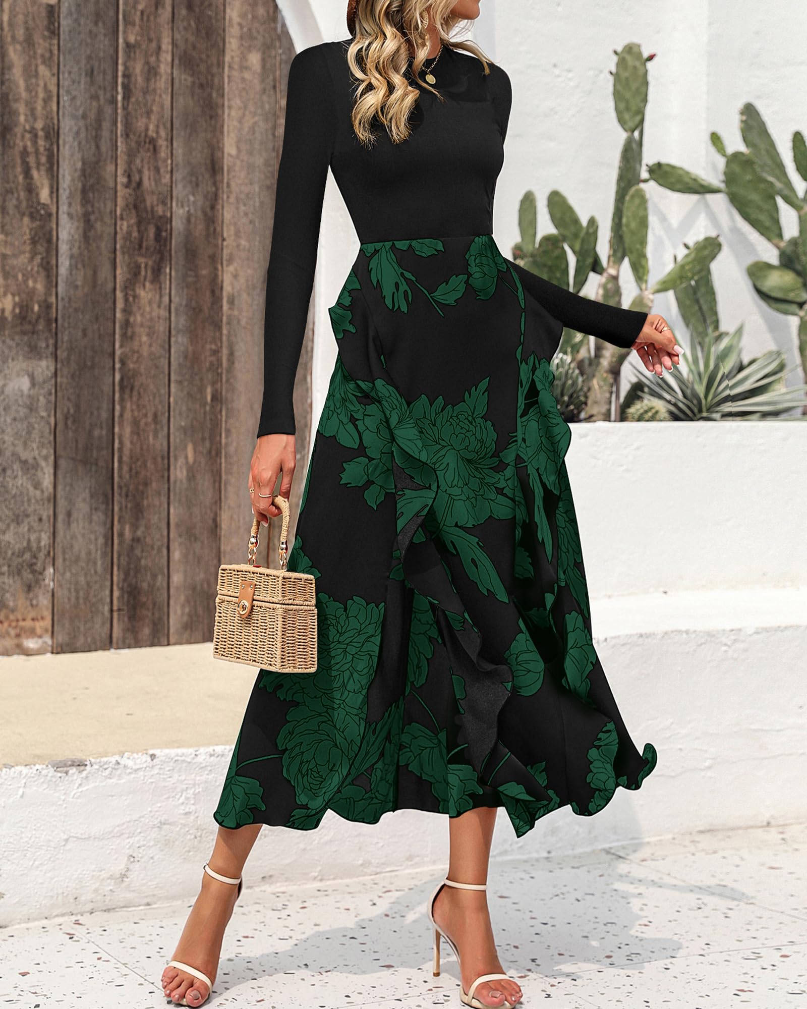 BTFBM Womens Floral Maxi Dress Fall 2025 Casual Crewneck Long Sleeve Ruffle Flowy Cocktail Wedding Guest Dresses