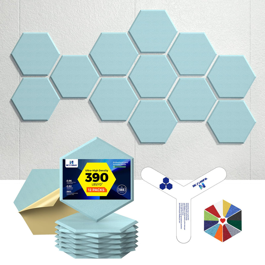 Self-Adhesive Acoustic Panels [390 lbs/yd³ Ultra-High Density], 2nd Generation Sound Absorbing Panel, Professional Level Sound Panel, Polyester Soundproof Foam [Medium Hexagon, Beige]