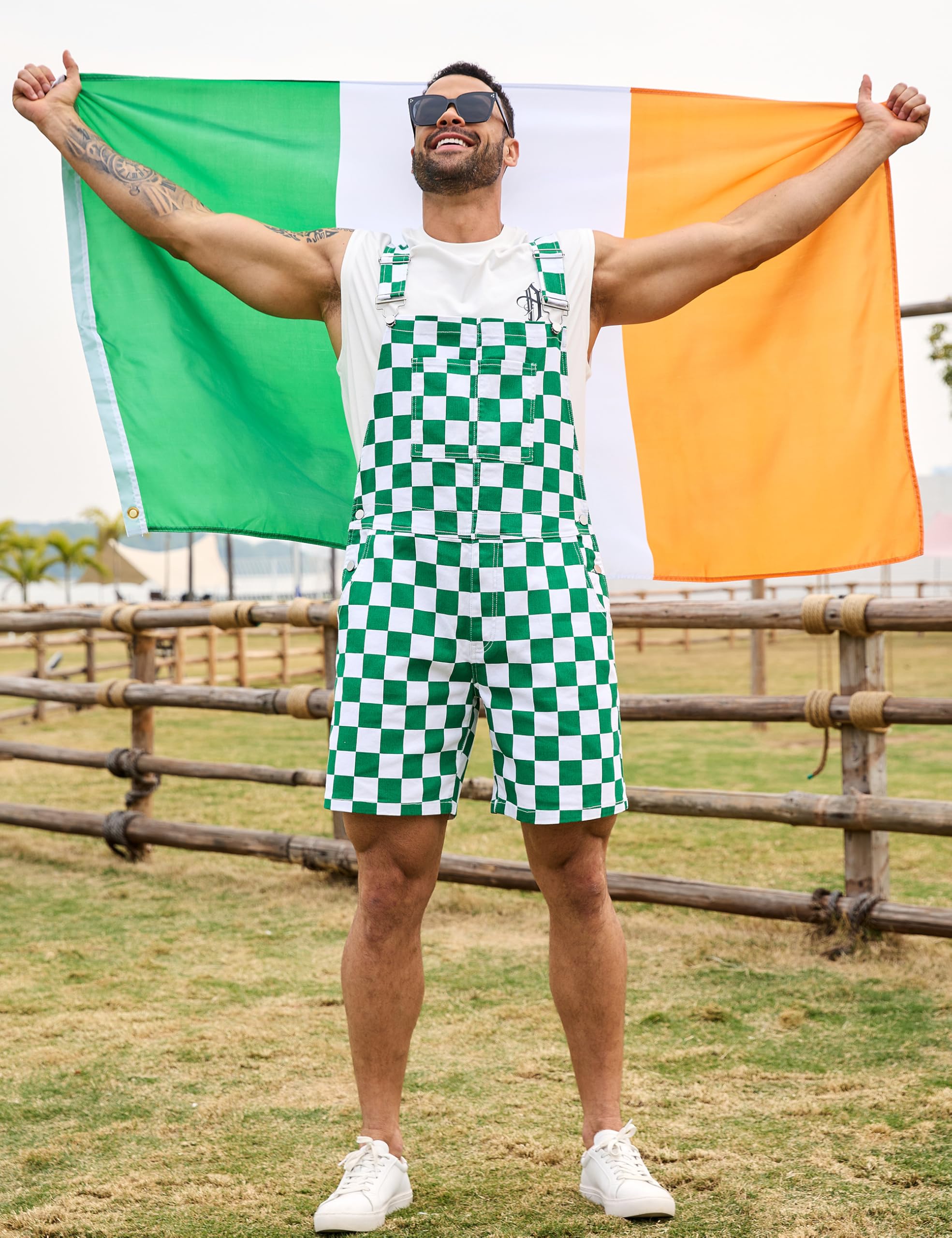 Odefou Checkered Bib Overalls for Men Jumpsuit Shorts Work Coveralls