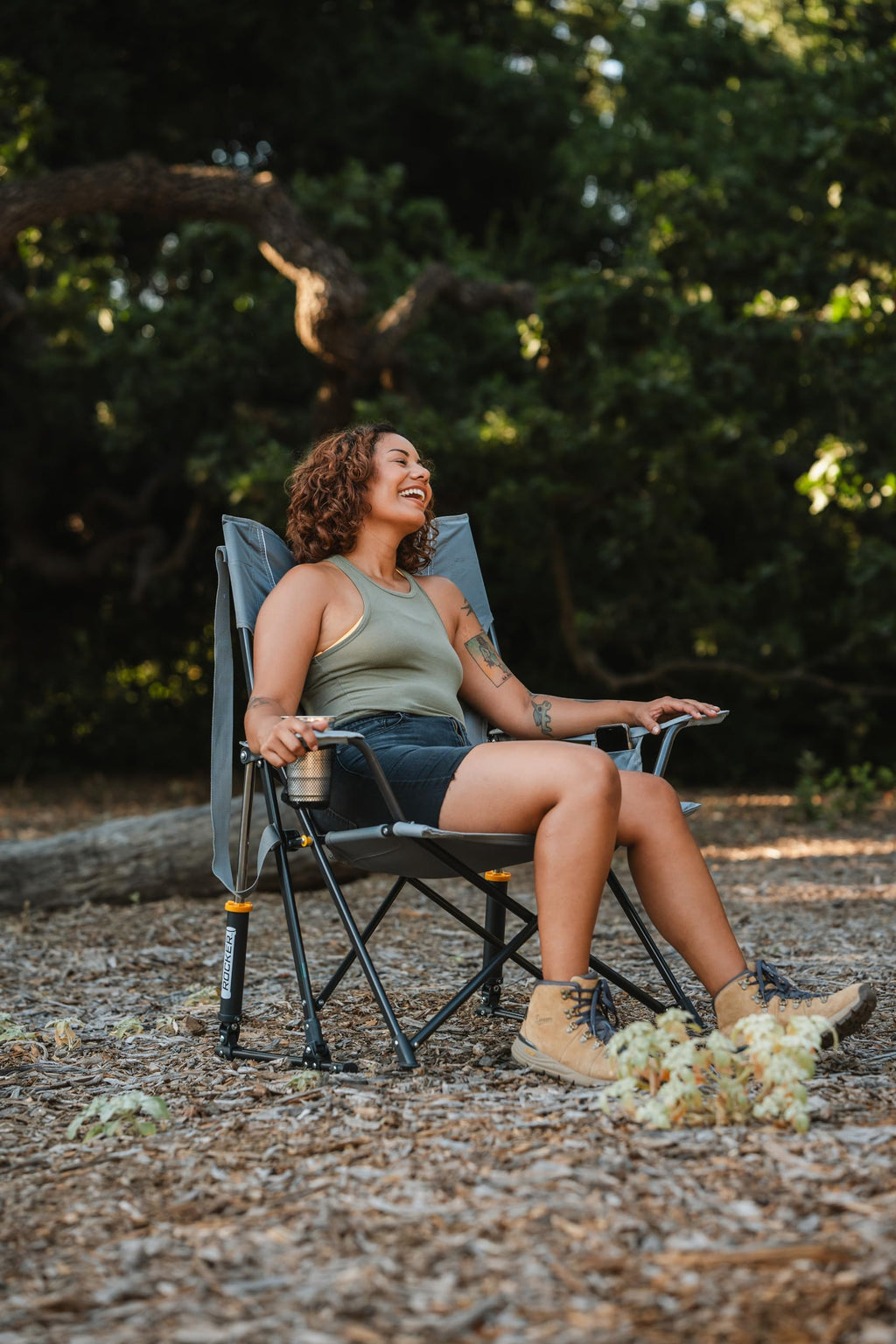 GCI Outdoor Comfort Pro Rocker Camping Chair | Portable Folding Rocking Chair with Durable Armrests & Drink Holder — Blush